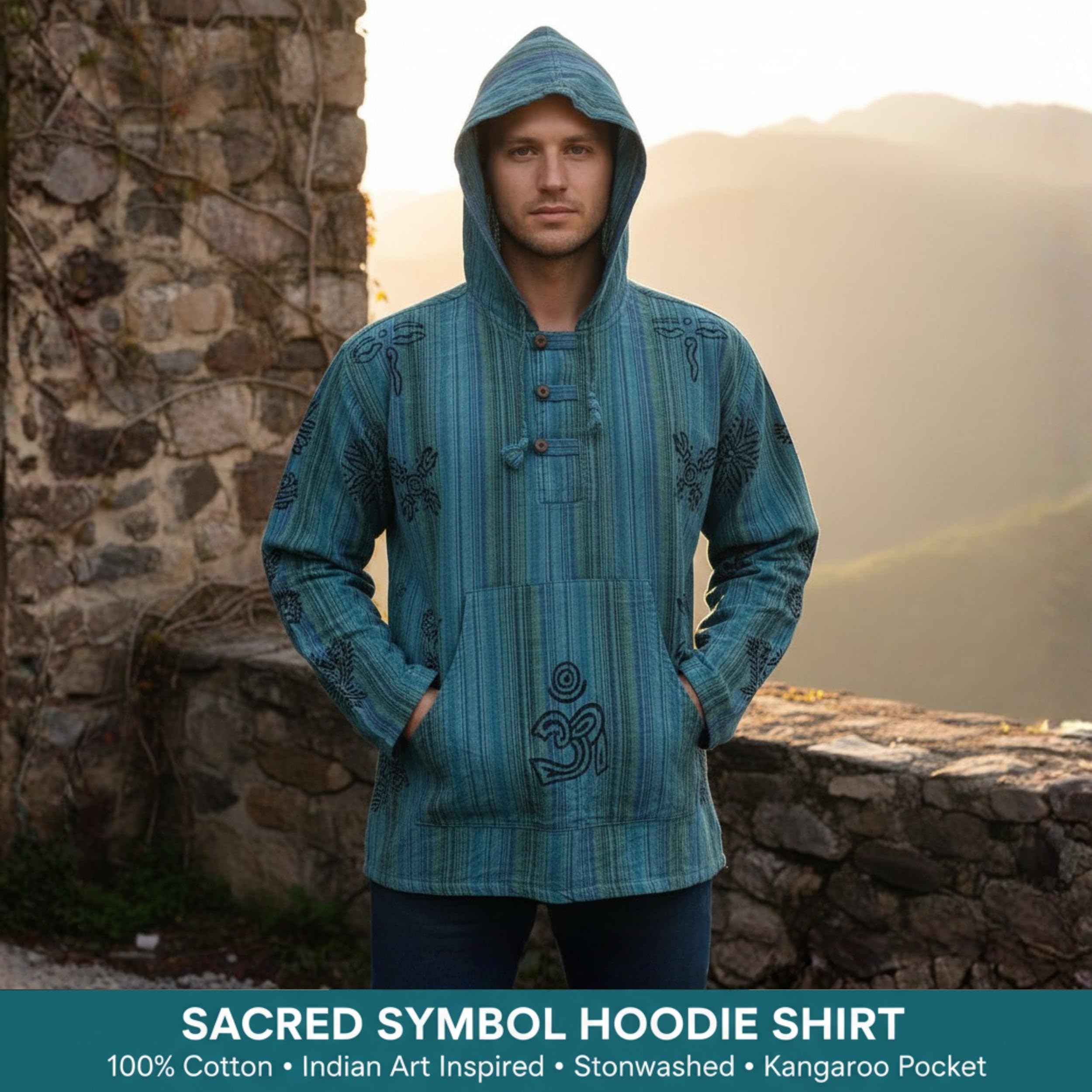 Shopoholic Fashion Felpa con Cappuccio da Uomo a Righe slavate, a Maniche Lunghe, Hippy, Leggera