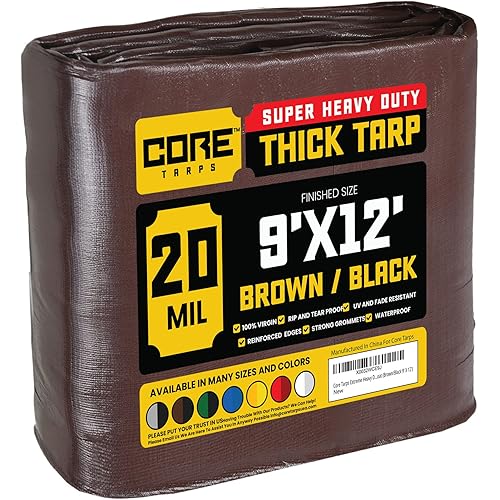 Core Tarps Extreme Heavy Duty 20 Mil Tarp Cover, Waterproof, UV Resistant, Rip and Tear Proof, Poly Tarpaulin with Reinforced Edges for Roof, Camping, Patio, Pool, Boat (Brown/Black 9′ X 12′)