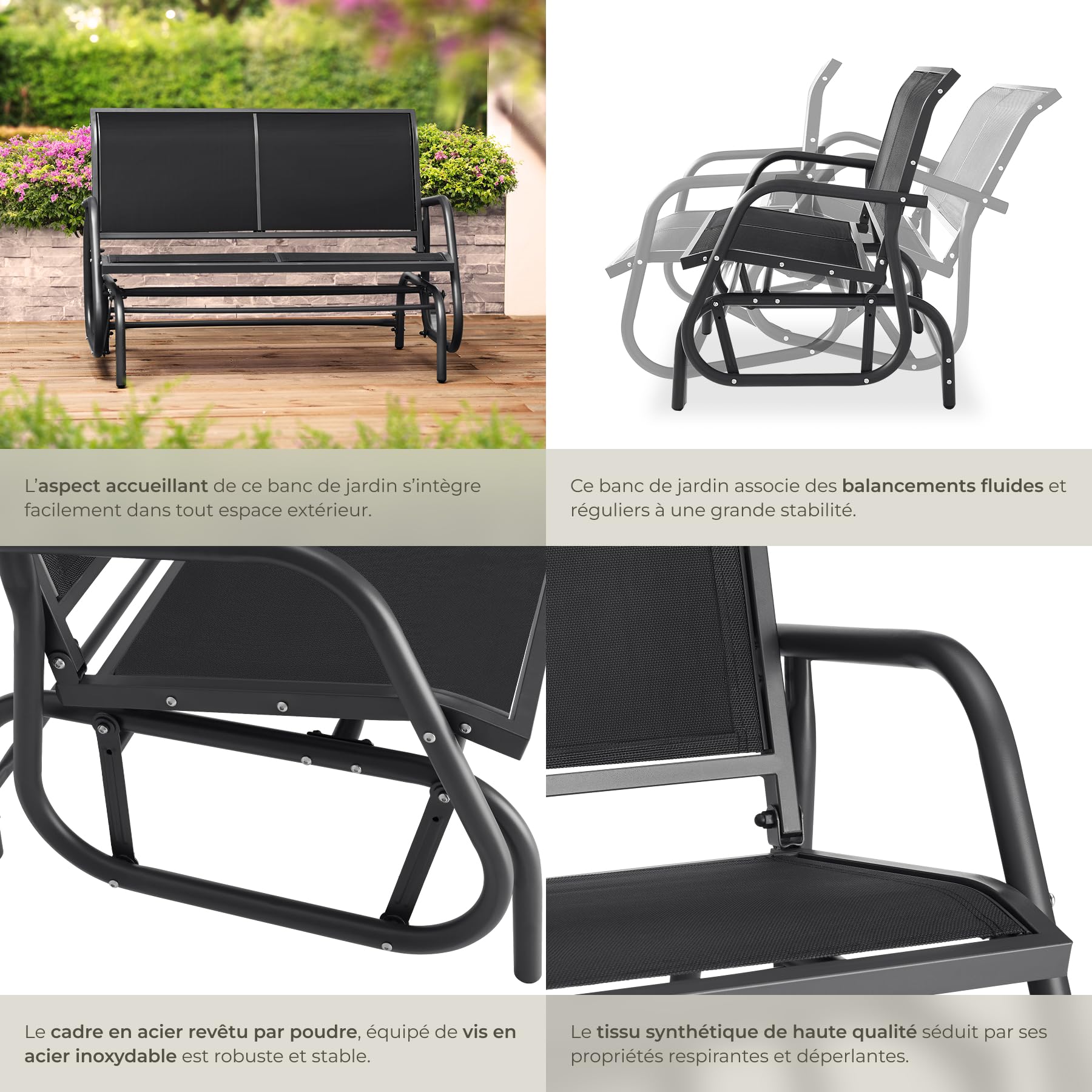 tectake® Banc de Jardin à Bascule 2 Places Solide en Acier lâqué époxy Noir, Balancelle Banquette de Jardin Résistant aux intempéries, Mobilier Amenagement Balcon Terrasse Veranda Pergola