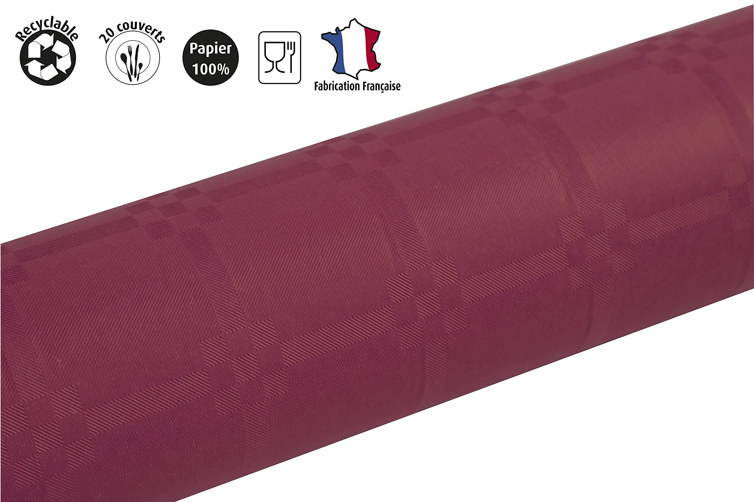 Pro Nappe - Ref R480622I - Mantel de Papel Damasco desechable en Rollo 6 M de Largo X 1,20 M de Ancho - Color Burdeos - Papel Damasco con Estampado Universal Chic y clásico - Caja de 12 Rollos