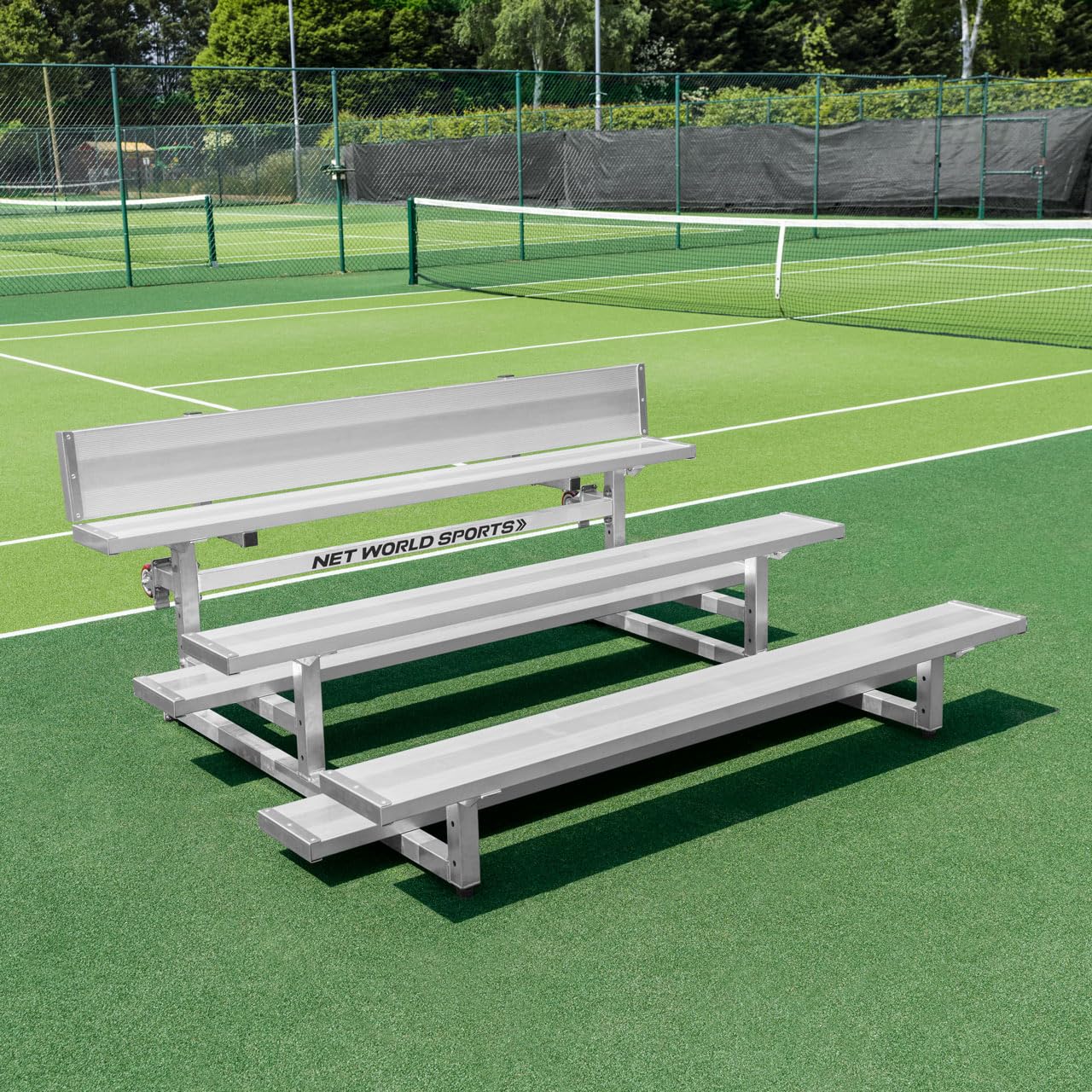FORZA 3-tier mobile bleachers with dimensions on a tennis court