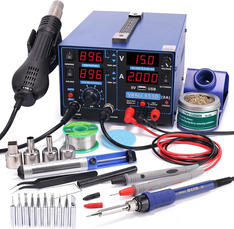 Estación de soldadura de aire caliente 853D 2A USB SMD, fuente de alimentación CC 0-15 V 0-2 A con puerto de carga USB de 5 V y medidor de prueba de voltaje CC de 35 voltios
