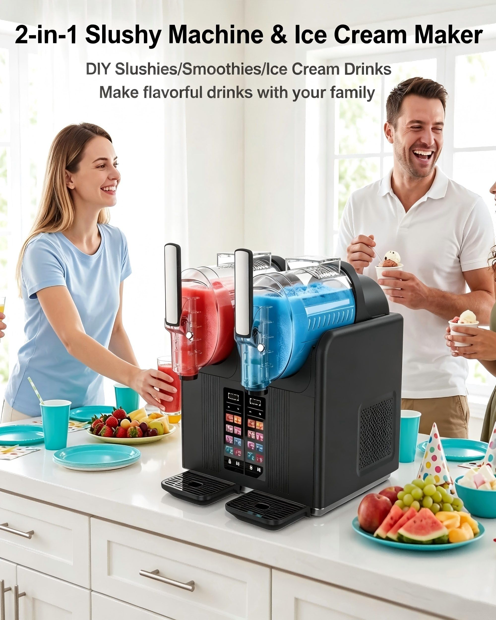 Máquina de Slush y Soft Serve de Doble Tanque – 2x2L, Pantalla Táctil Inteligente,7 Ajustes Preestablecidos, Mezclado 360°,Dureza Ajustable (Cremoso A Crujiente), Limpieza Automática con un Botón