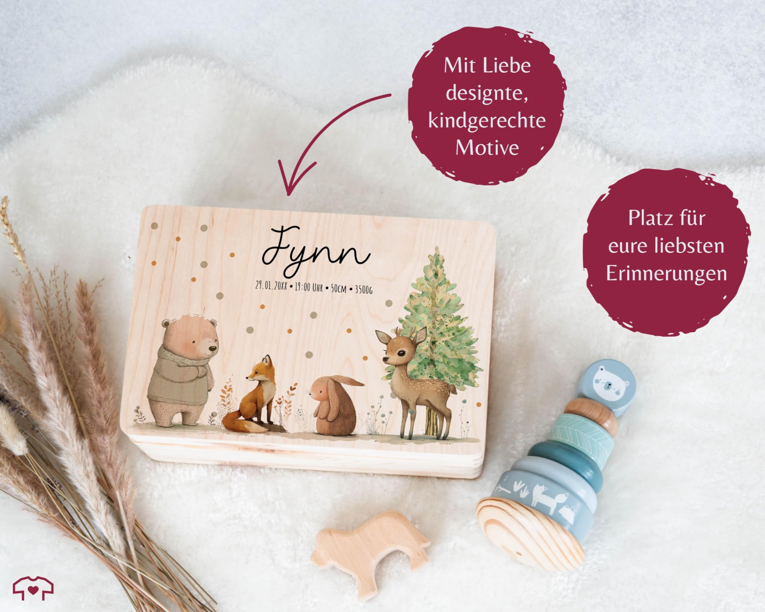 Holz Geschenkbox - Tiere - Baby Geschenk Erinnerungsbox Waldtiere | Holzkiste zur Geburt personalisiert mit Name Datum Größe Uhrzeit - 30 x 20 x 14 - Holz - originelle geschenke für babys