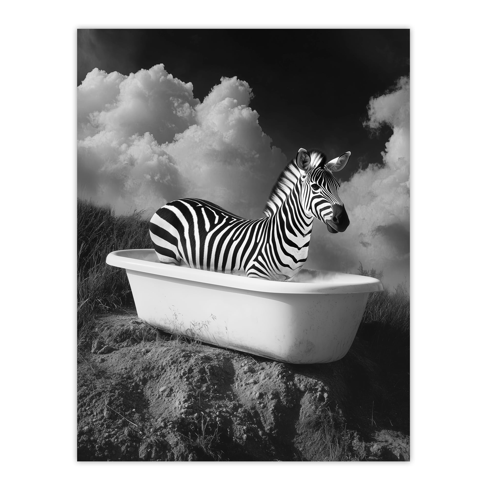 Artery8 Zebra Bath Time in Bathtub Black White Surreal Bathroom Toilet Extra Large XL Wall Art Poster Print