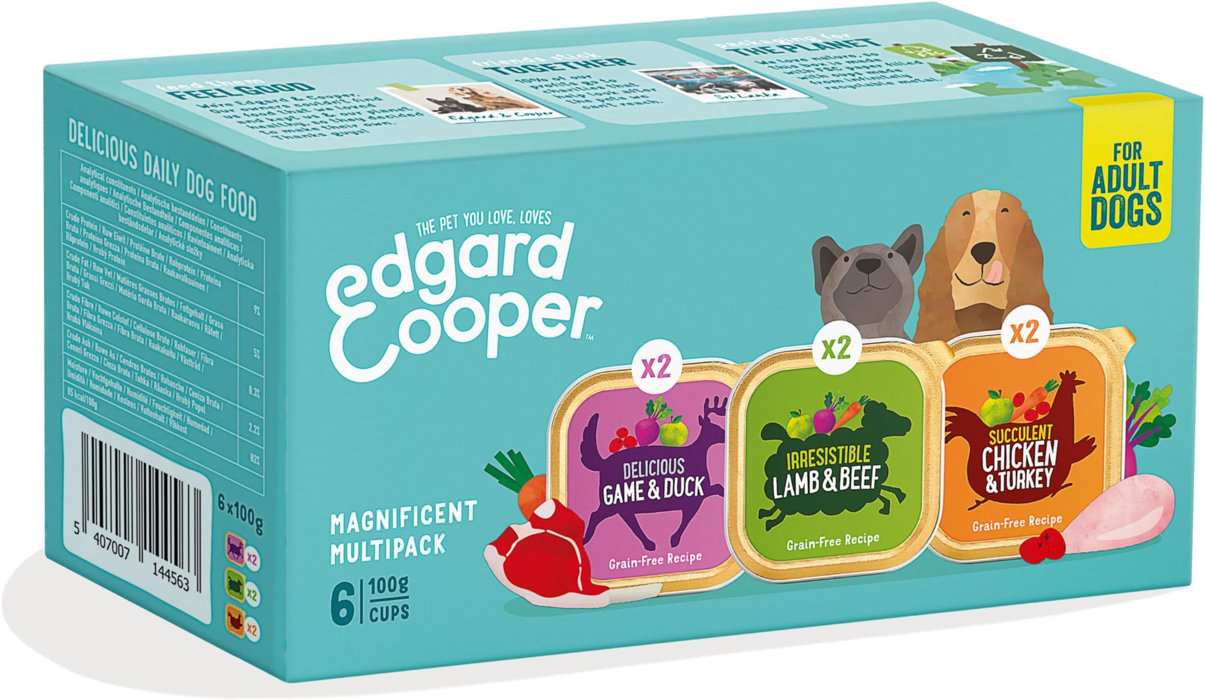 Edgard Cooper Adult Wet Dog Food Cups Multipack, Game-Lamb-Chicken, 6 x 100g - Fresh meat, Hypoallergenic, Salmon with Tasty Fresh Meat, High Protein Natural Ingredients