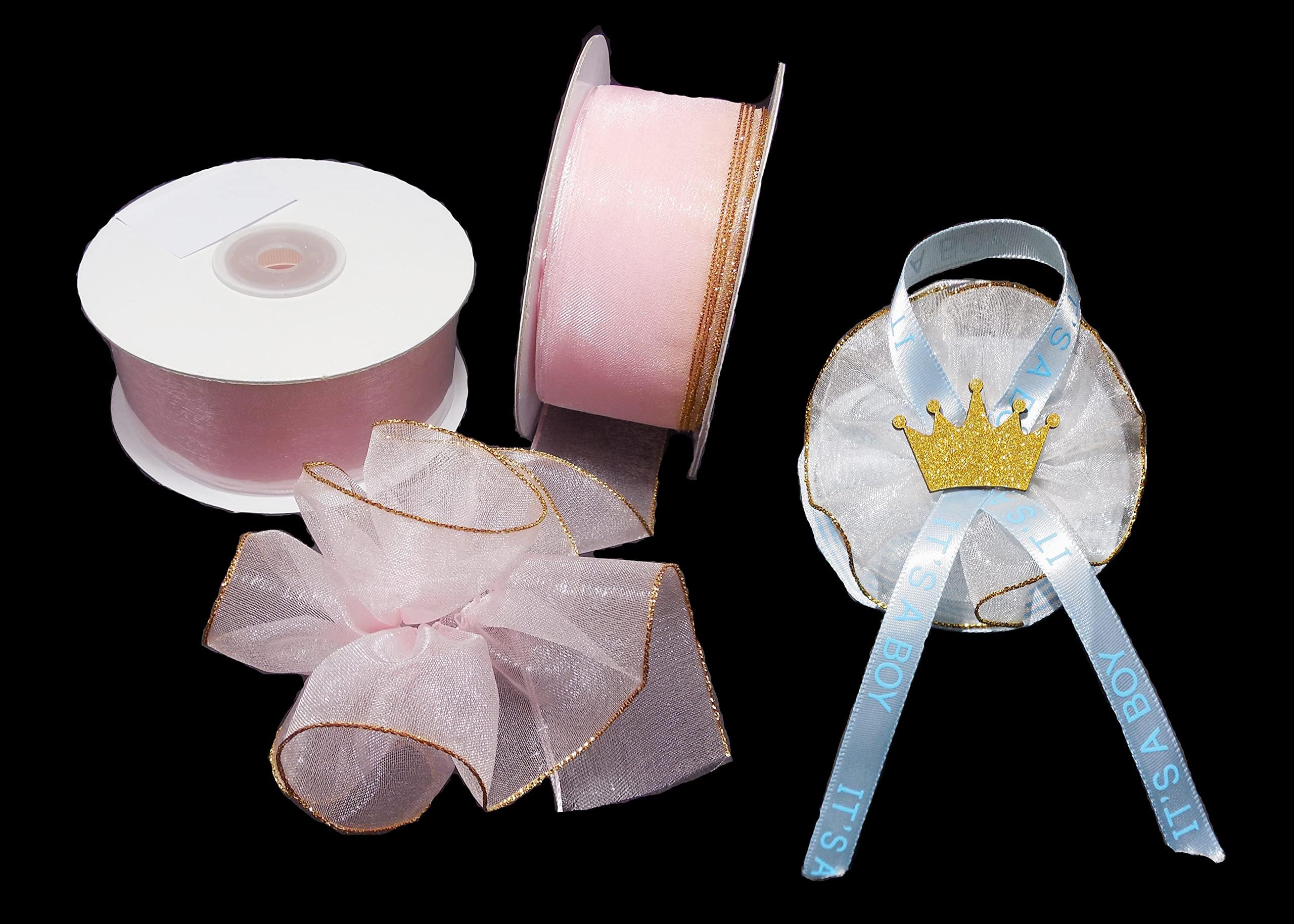 Pink 1-1/2" Sheer Organza Ruffle Type Wide String Pull Bow Ribbon with Single Gold Edge 25Yards gift wrapping favor decorating