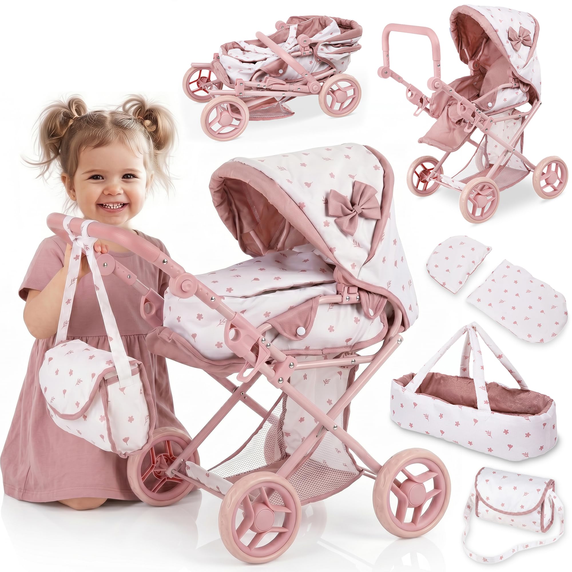 Kinderplay Cochecito de muñecas 3 en 1 Rosa con Bolsa de Transporte – Cochecito de muñeca Ajustable de 36,5 – 64 cm, Plegable, Ruedas de Espuma silenciosas, para muñecas de hasta 40 cm, a Partir de 3