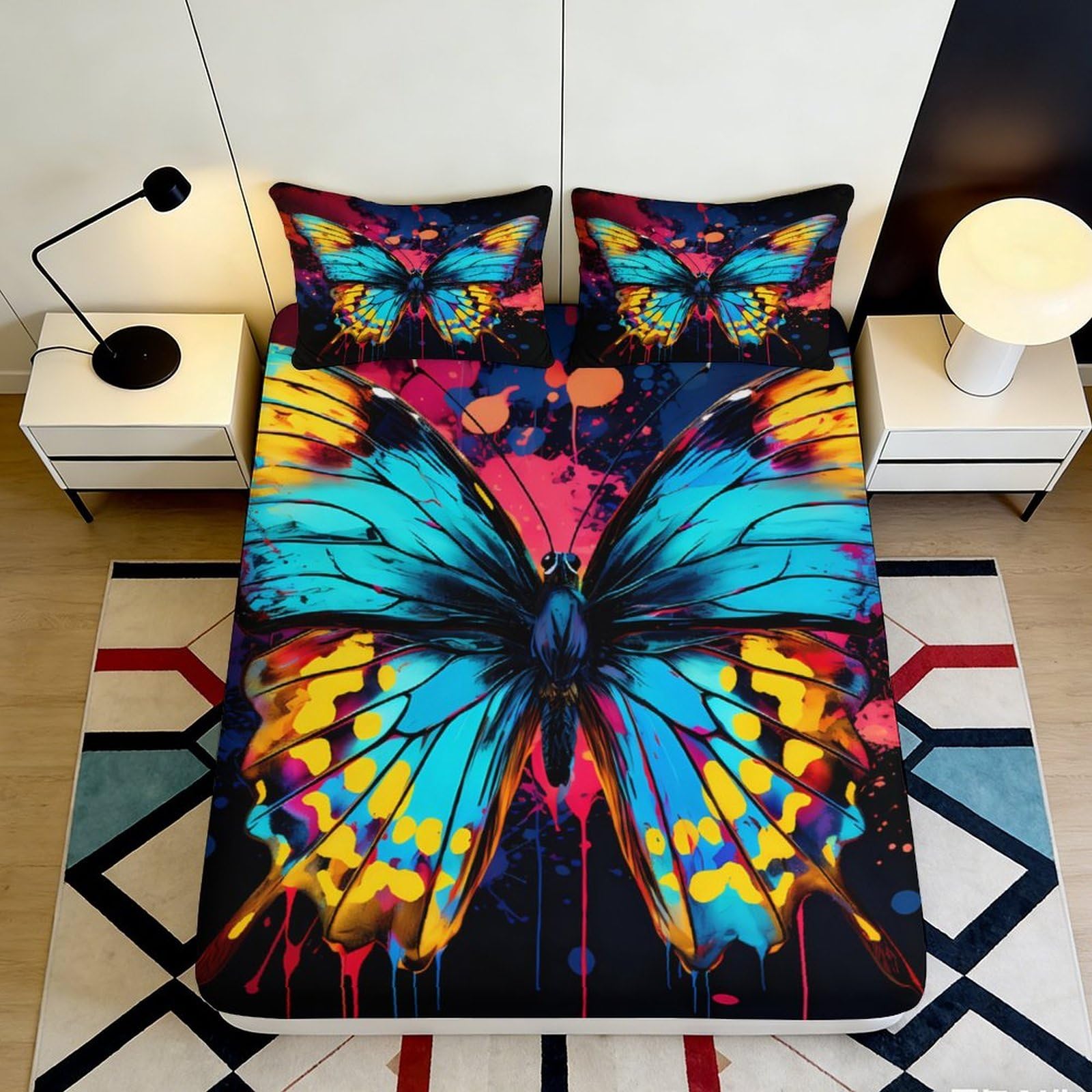 3D Printed Colorful Butterfly Fitted Sheet Microfiber Soft Breathable Abstract Art Mattress Cover for Bedroom Dormitory Guest Room Mattress Protection Decor 200x200x25cm