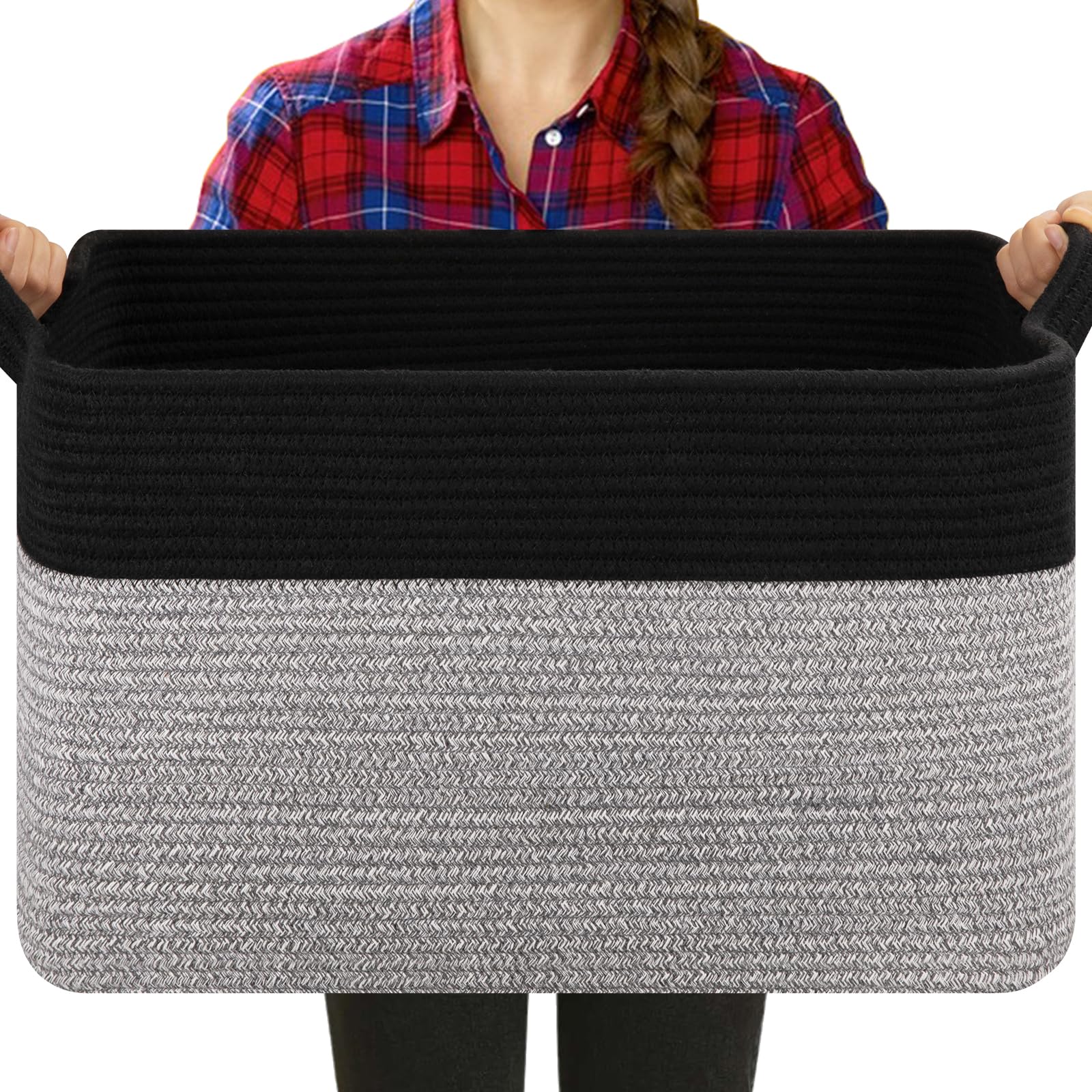 OIASKET Cesta de manta para sala de estar, cesta de cuerda de algodón para almacenamiento, cesta de juguetes para niños, cesta tejida con asas para ropa, toallas, almohadas, 20 x 16 x 12 pulgadas,
