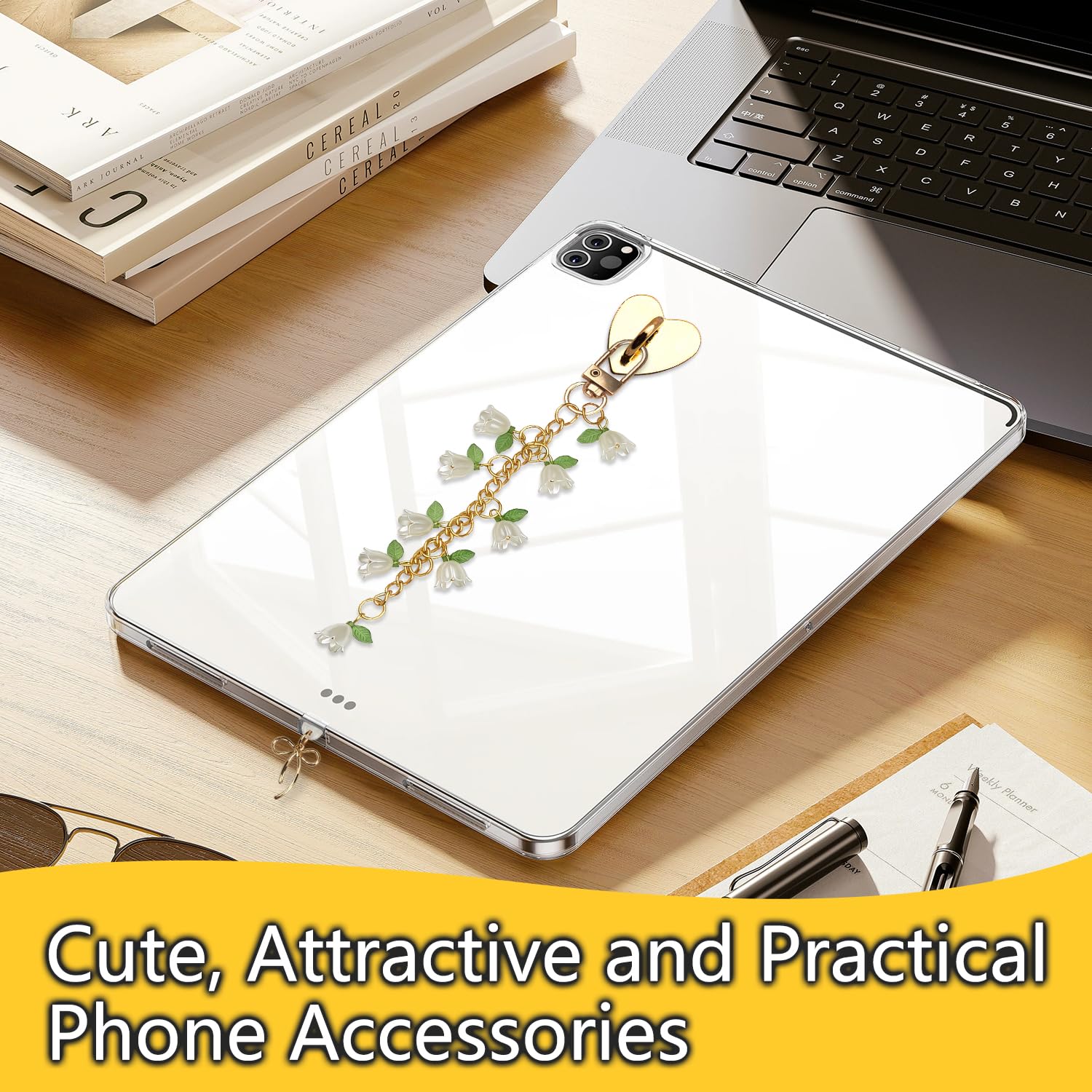 BATHRINS 5 PCS Kindle Charms Including Dust Plug Charm Type C/USB C, Cute Flower Chains Phone Charm with Heart Grip Holder, Compatible for Kindle Paperwhite/E-Reader/Phone - 2