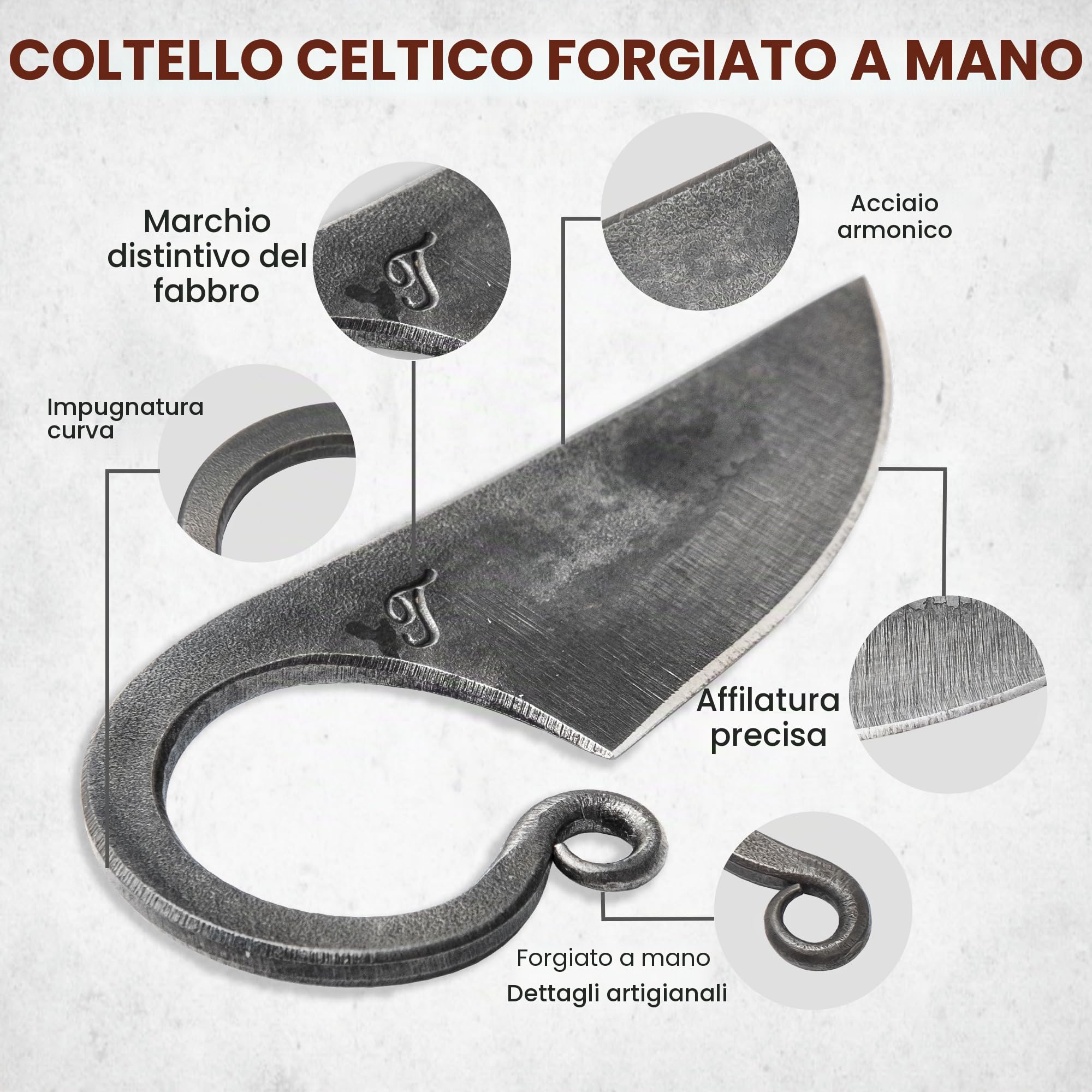 TOFERNER Coltello da caccia a lama fissa Coltello in acciaio Celtico – Forgiato a mano & Vintage Look – Lama a punta ultra affilata – Inclusa custodia in vero cuoio