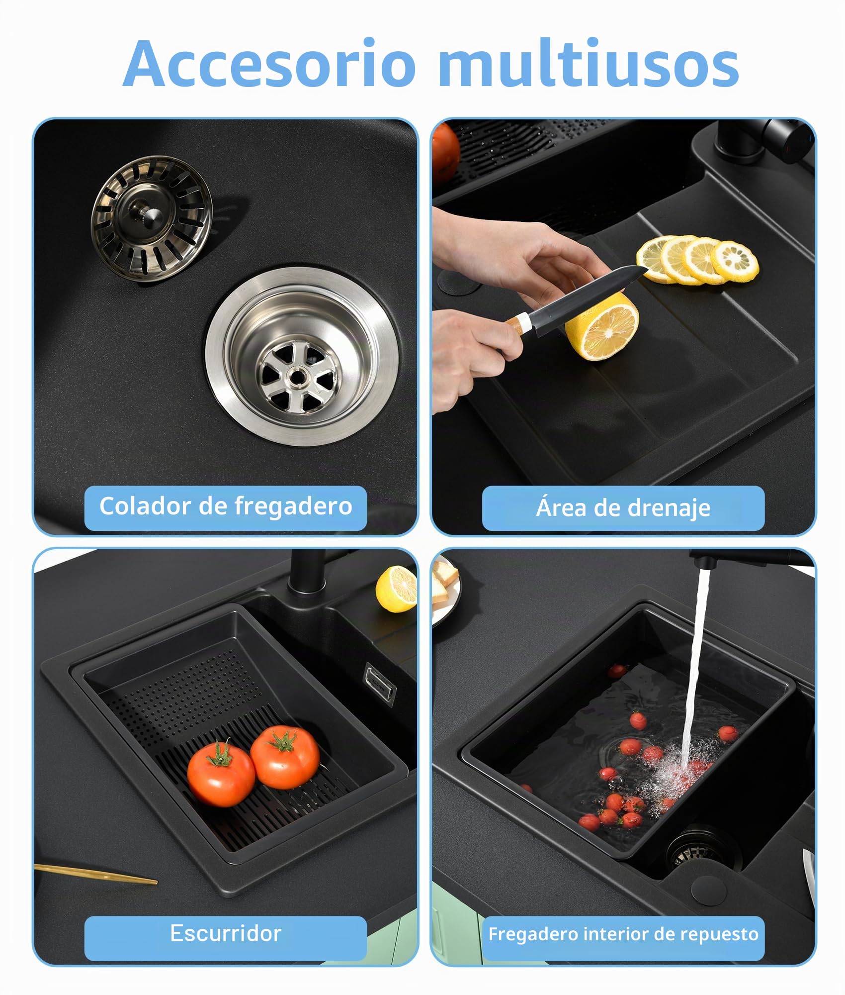 Fregadero Cocina Negro de Granito,Fregadero Cocina 1 Seno con Escurridor 65x43cm,Cesta de Escurrido + Fregadero Interior Adicional + Accesorios de Desagüe,Apto para Muebles Bajos desde 40cm de Ancho