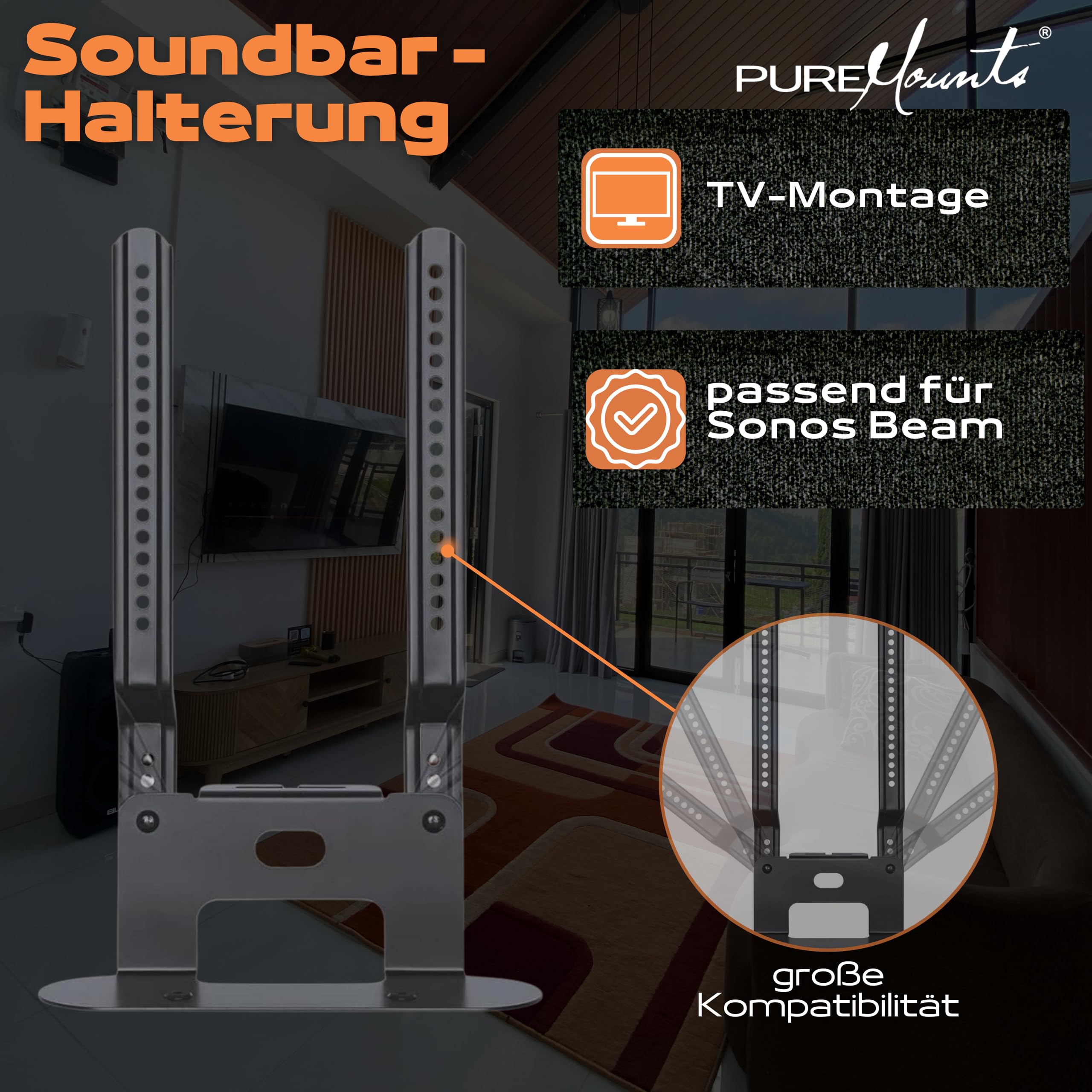PureMounts PM-SOM-080 pour montage direct sur téléviseur compatible avec SONOS BEAM Barre de son, charge utile: 5 kg, noir
