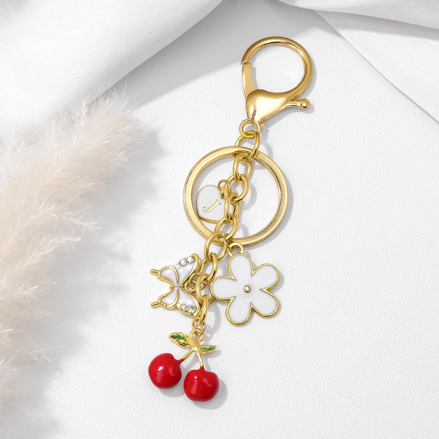 GolbalJew Cute Key Chains for Women Initial Letter Flower Cherry Keychains Bag Charms for Handbags Backpack Purse Keyring - Image 5