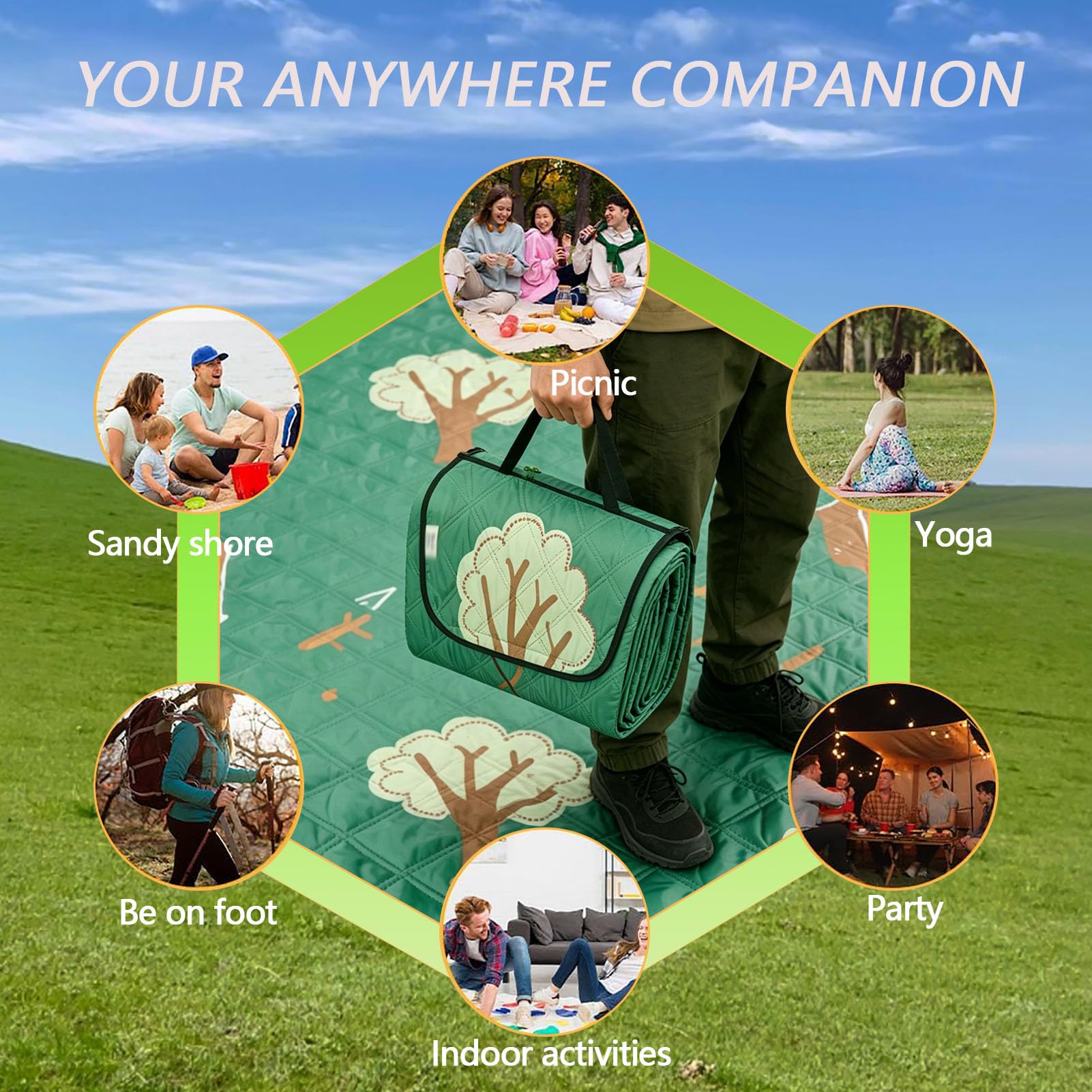 Coperta Picnic Impermeabile, Pieghevole e Portatile, Coperta da Campeggio, Tappeto Spiaggia Antisabbia Grande per Campeggio/BBQ/Viaggi,Lemon,200×200cm
