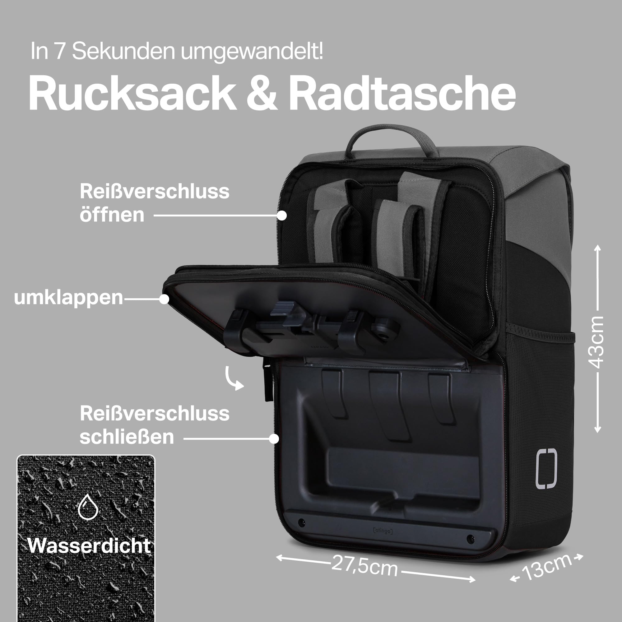 otinga® Flip Move torba rowerowa, plecak [pojemność 16 l], torba na bagażnik z plecakiem – przebudowana w 7 sekund, wodoszczelny plecak rowerowy, bagażnik (grafitowo-czarny)