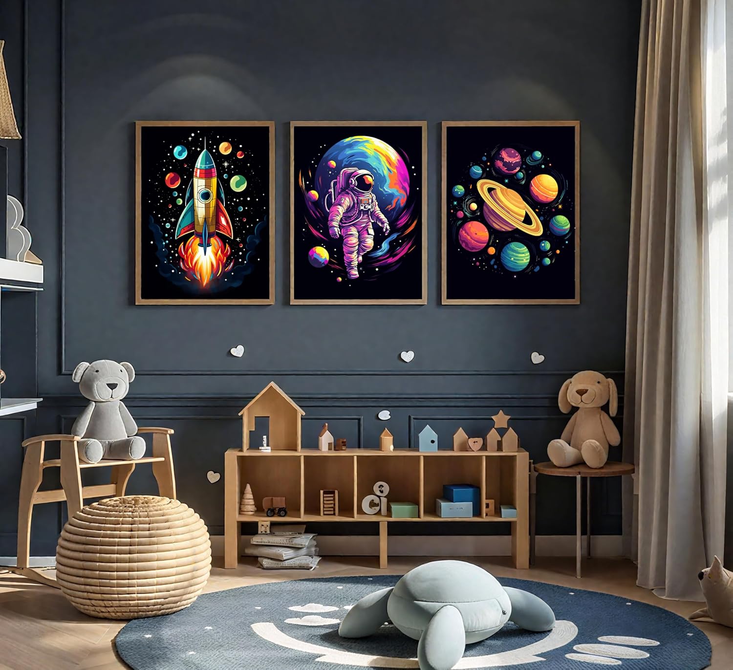 3pcs Nursery Astronaut Wall Art Abstract Colorful Galaxy Spaceman Posters Prints Artwork Planets Cosmos Rocket Paintings Pictures Wall Decor for Boys Room Kids Room Classroom Home Decoration Unframed