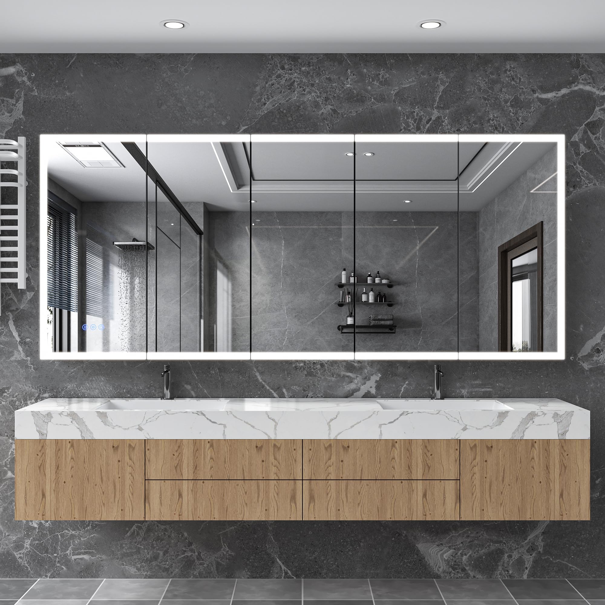 84"x36" LED Medicine Cabinet with Mirror, Recessed/Surface Medicine Cabinet with Lights, Large Bathroom Storage Cabinet with Adjustable Shelves, 3 Color Temperatures, Dimmable, Anti-Fog, 2 Outlet&USB