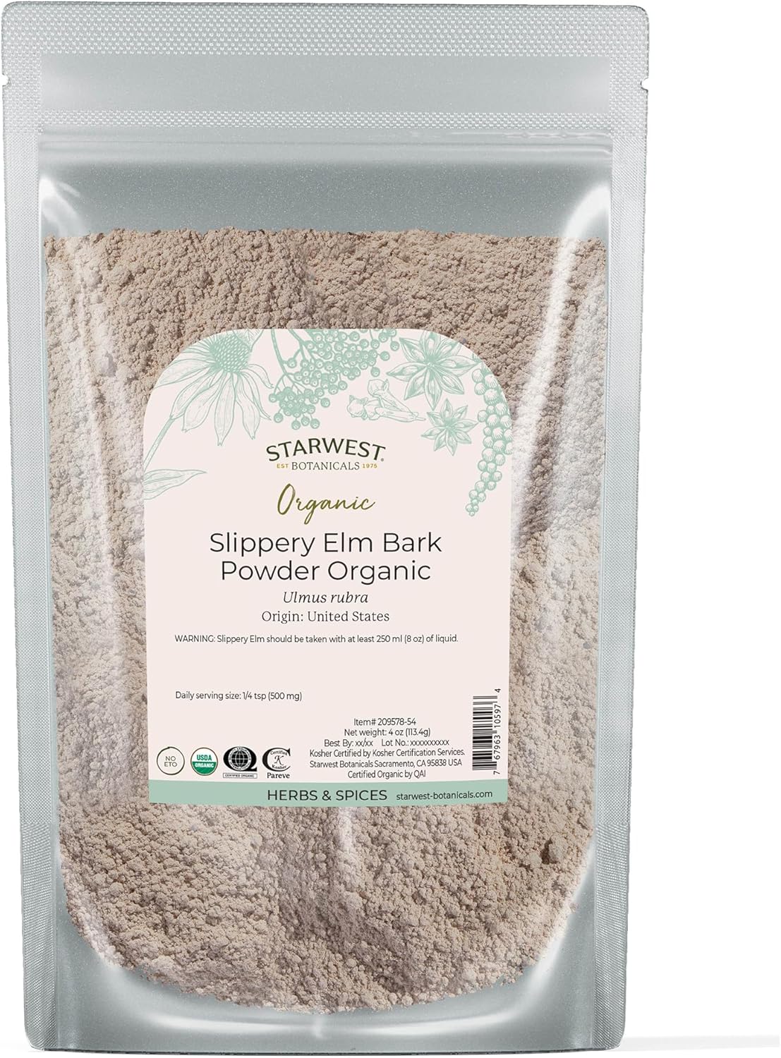 Starwest Botanicals Organic Slippery Elm Bark Powder - Traditional Herb for Tea & Recipes, Enjoy with Milk & Sweetener, Certified Kosher, Non-GMO - 4 oz Pouch