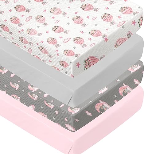 Miniatura 1 de Paquete de 4 sábanas de cuna de elefante para niñas, color rosa, transpirables, ajustables, estándar, para cuna estándar, funda de colchón portátil,