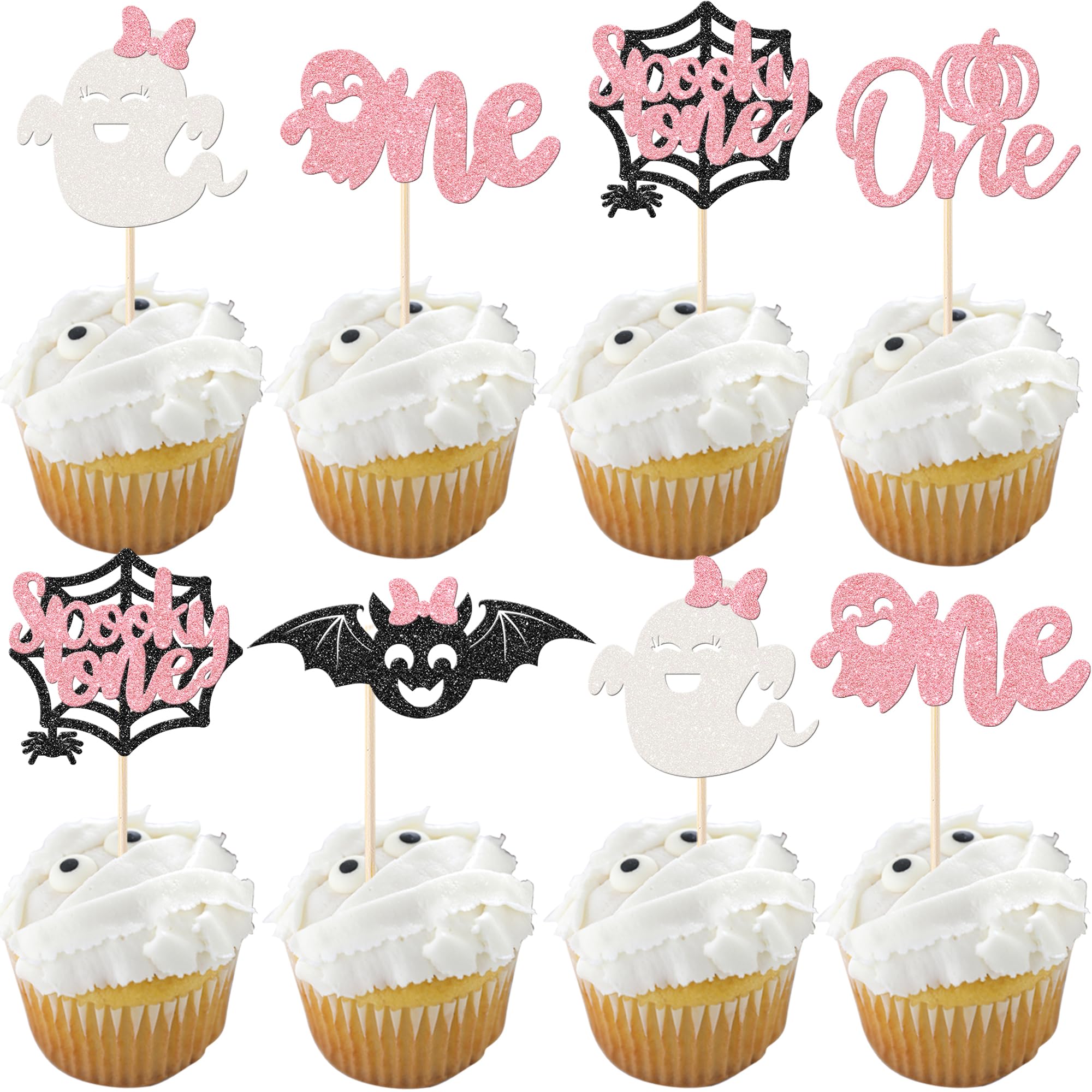 Rsstarxi 30 Pack Halloween Cupcake Toppers Spooky One Girl First Birthday Cupcake Decorations Ghost Bat Spider Pumpkin Cupcake Picks for Halloween