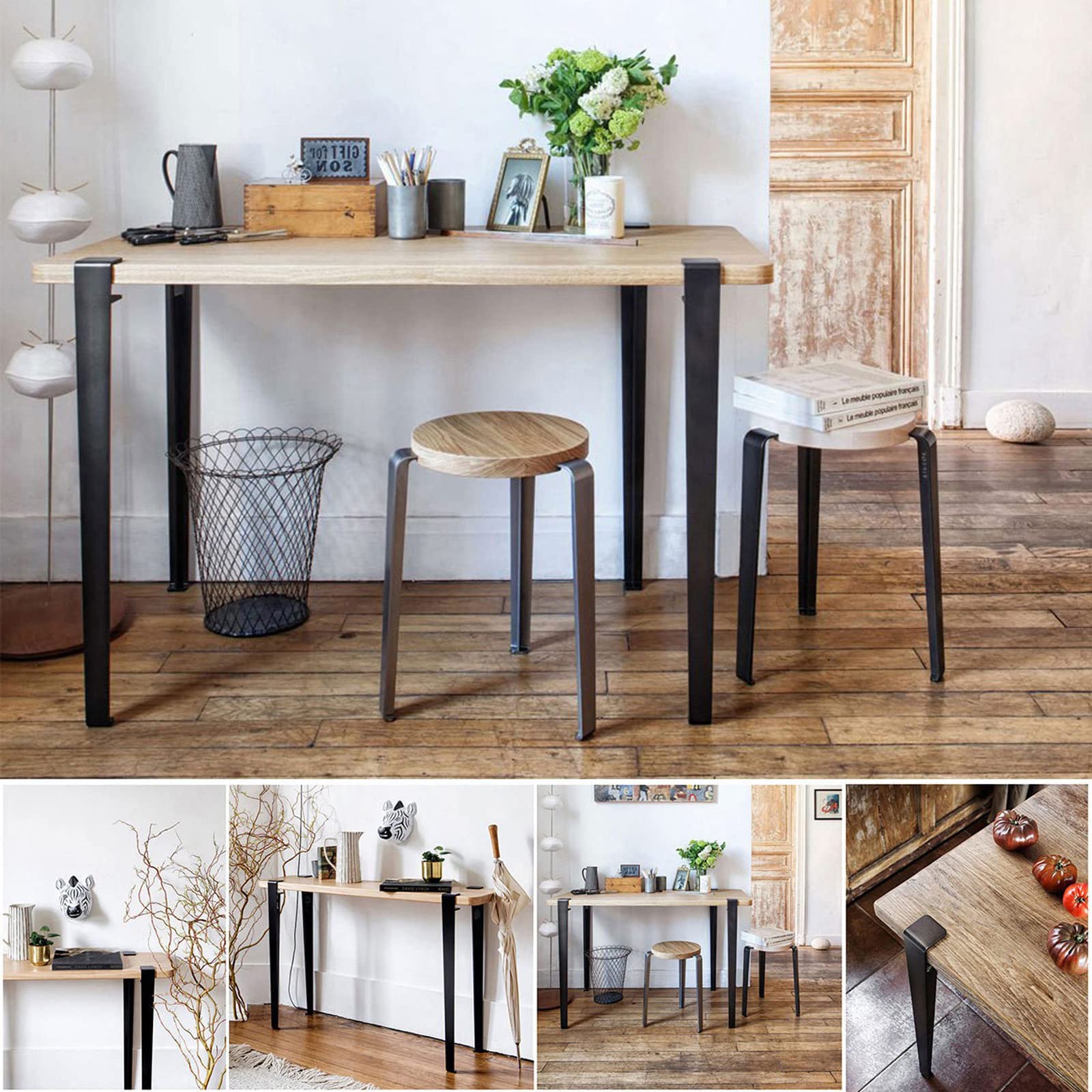 Patas de mesa con abrazadera de metal, patas de muebles en forma de F para proyectos de bricolaje, diseño sin perforaciones con protectores de suelo, 71 cm de altura, ideal para mesas de café y
