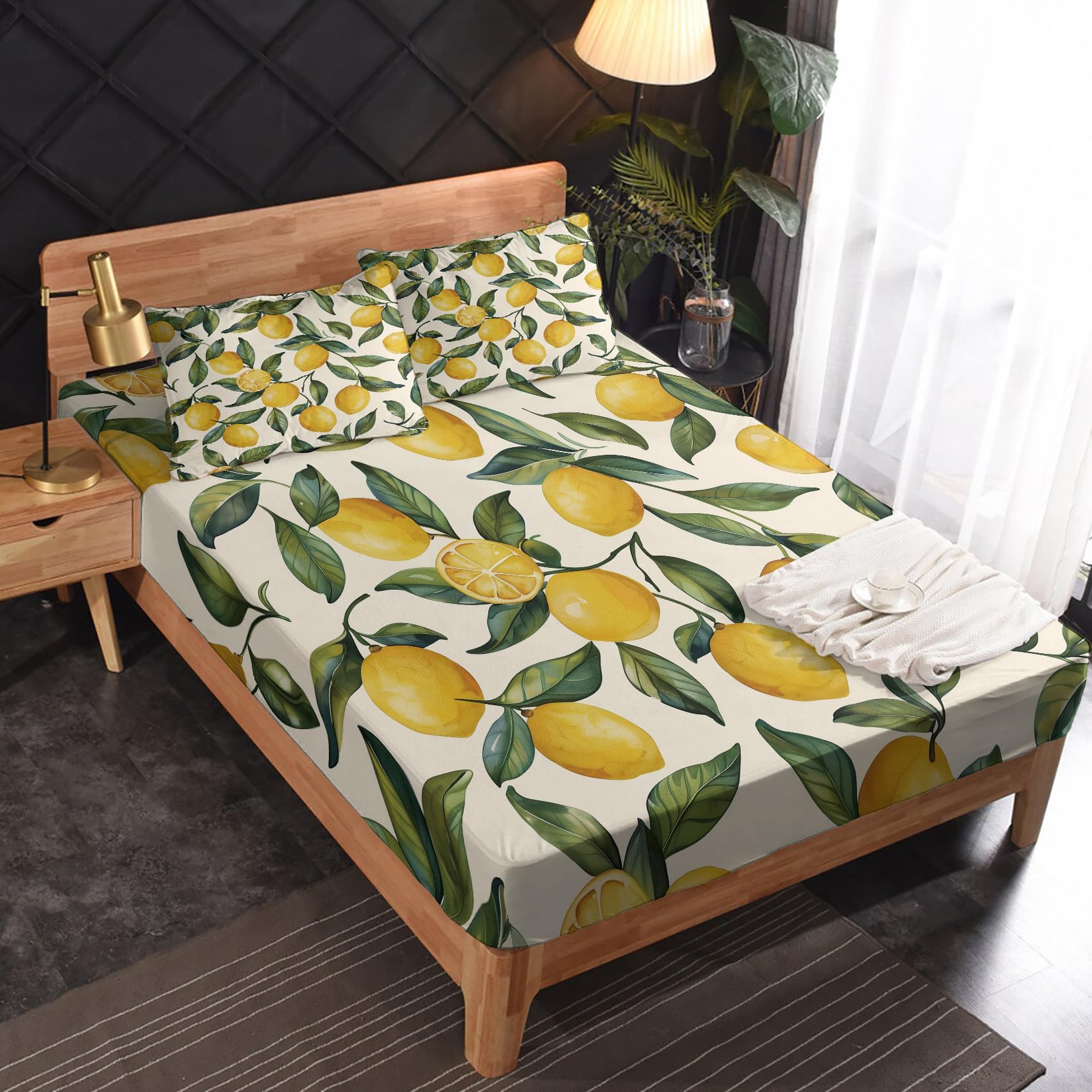 Zvynqour Lemon Sheets California King Size - Fruit Bed Sheets - Deep Pocket Fitted Sheets & Flat Sheets & Pillowcases 4 Piece Set - Lemon Bedding & Decor - Soft Cosy Microfibe