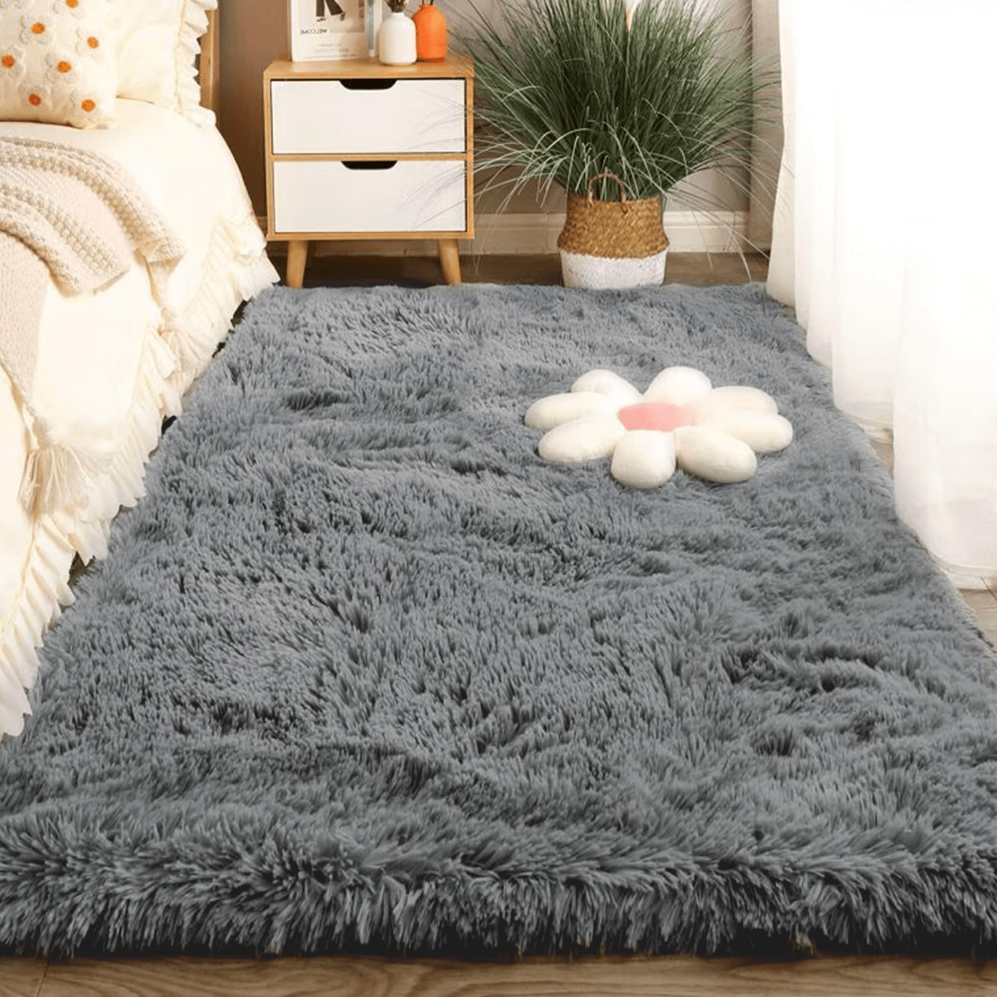 Tapis salon shaggy 130 x 360 cm doux moelleux tapis de sol moderne gris