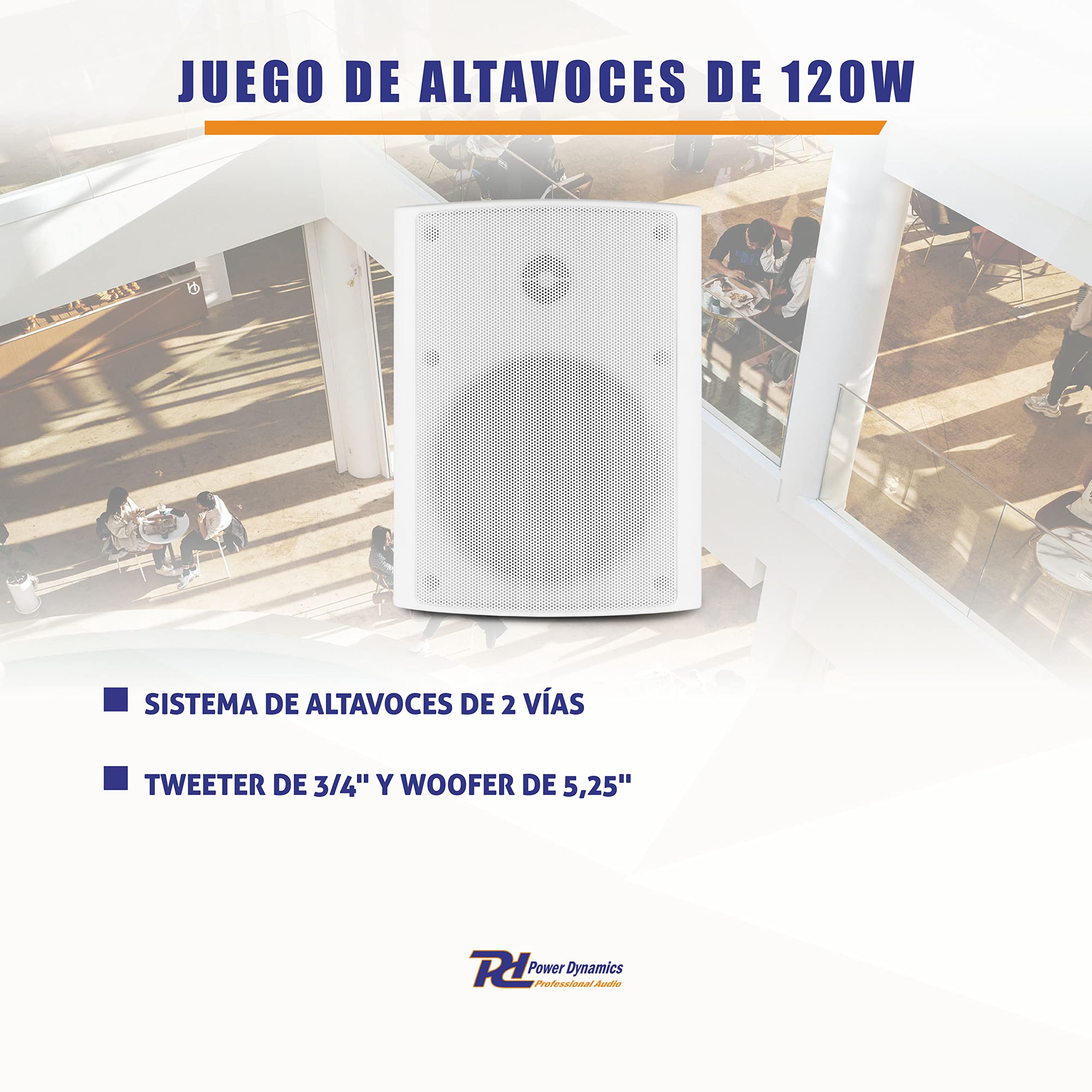 Power Dynamics BGO50 - Juego de 2 altavoces 120w - Altavoz de pared de 2 vías para interior y exterior para montaje fijo en pared y techo. Juego de cajas acusticas para hogar, terrazas, bares - Blanco