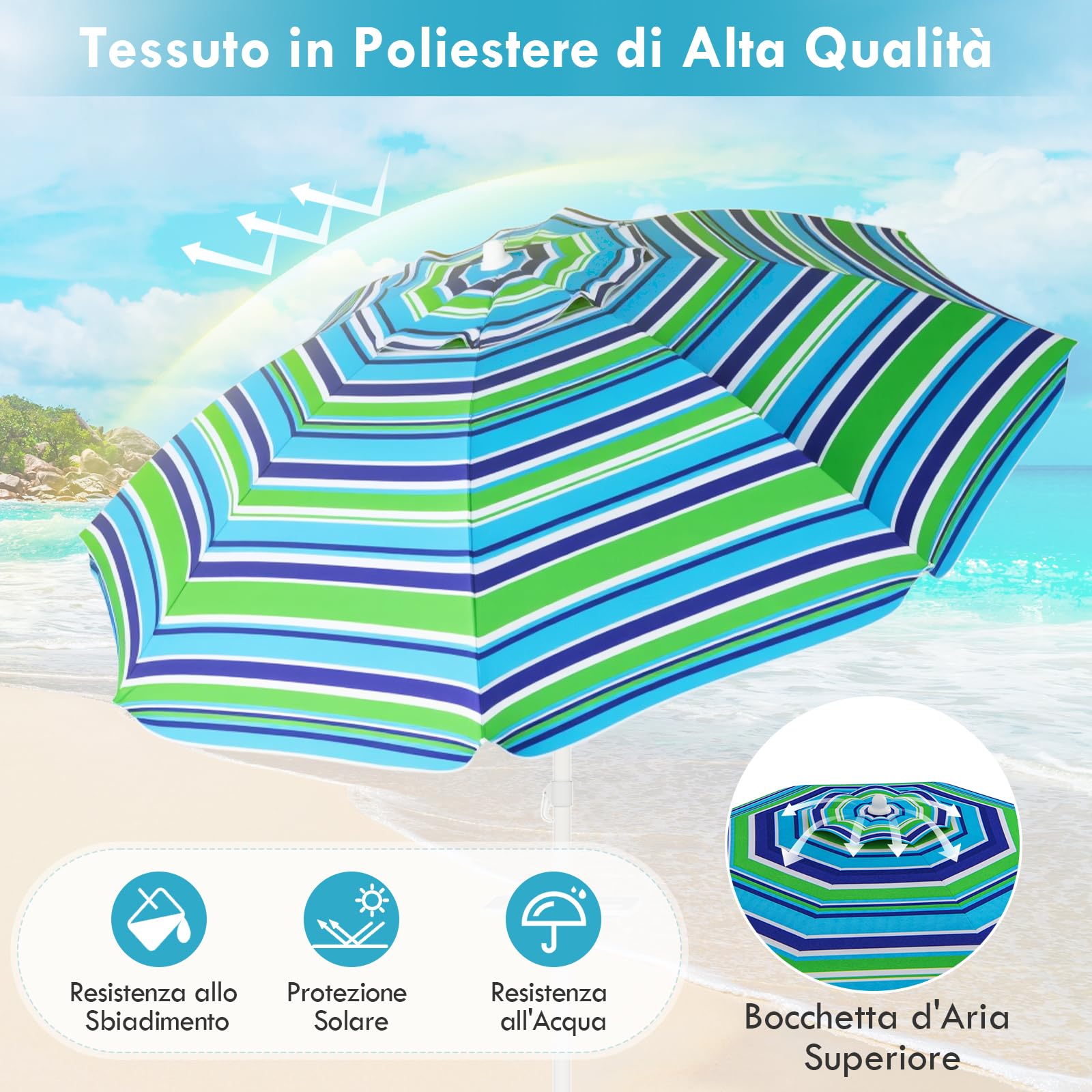 RELAX4LIFE Ombrellone da Spiaggia diametro 220 cm con Vassoio, Ombrellone da Mare Inclinabile a 8 Stecche con Air Vent, Protezione solare e impermeabile, Borsa di Trasporto Inclusi (Modello 4)