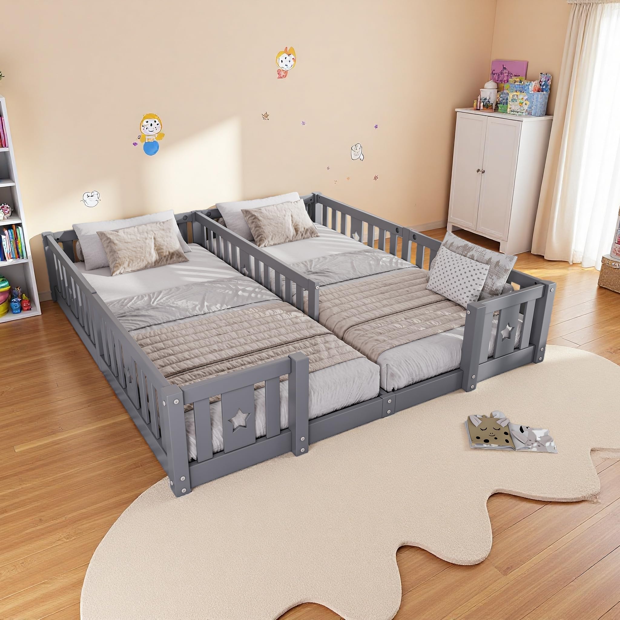 Letto a Terra 90x200 cm, Letto per Bambini a Terra con Barriera, Letto Montessori, Legno Massiccio, Letti Doppi, per Camera di Ragazzi e Ragazze, senza Materasso (Grigio A, 188 * 206 * 40)