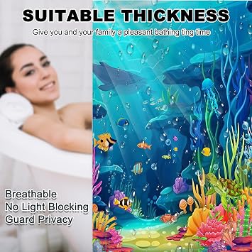 Mocsicka Ocean Shower Curtain for Bathroom Underwater World Kids Shower Curtain with 12 Hooks Summer Tropical Shark Turtle Fish Bath Curtain for Kids Sea Bathroom Decor, 72 x 72 in Waterproof Fabric