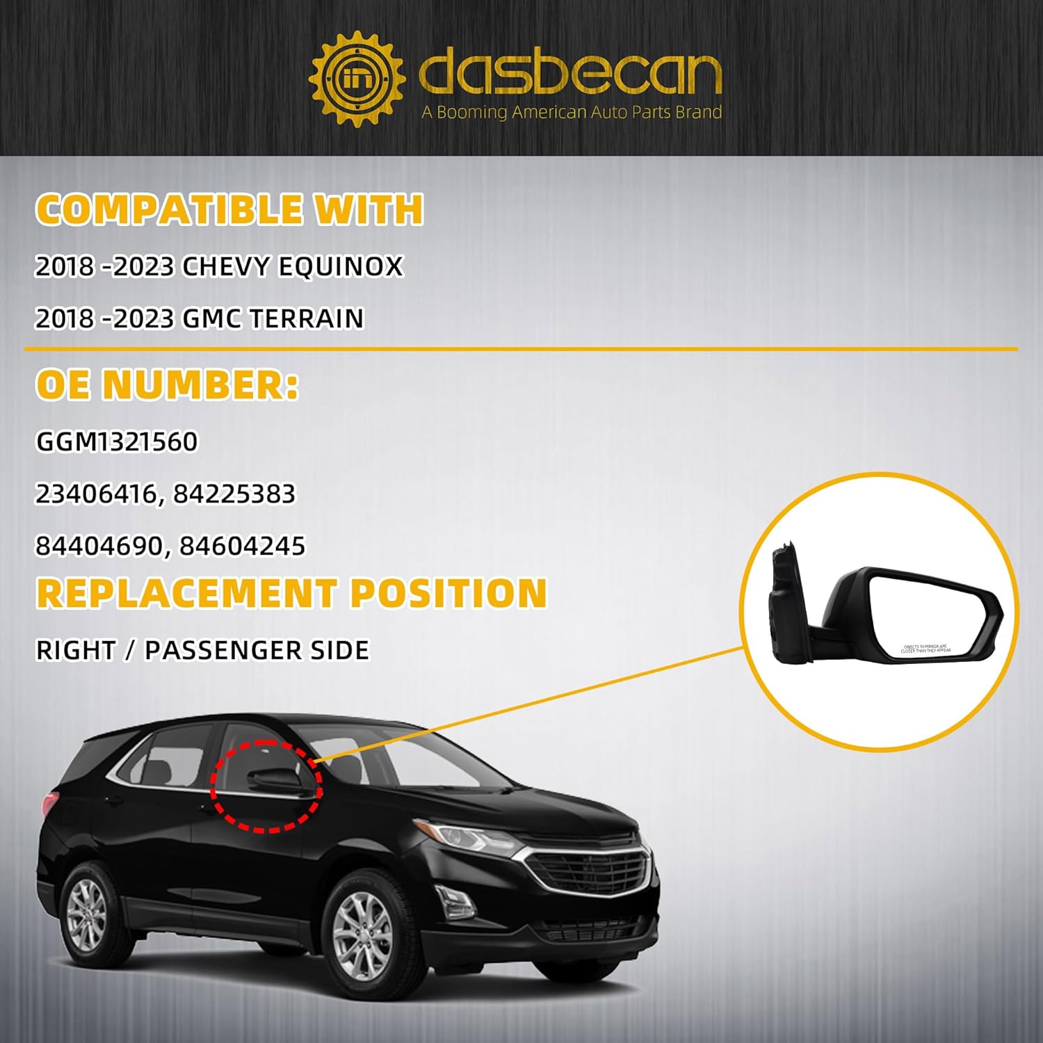 Dasbecan Right Passenger Side Mirror Compatible With 2018-2023 Chevy Equinox GMC Terrain Rearview Mirror With Heated Glass/Power Glass/Manual Folding Replace# GM1321560 (5pin) Black