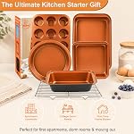 Baking Pans Set 6-Pieces, Non Stick Bakeware Sets Stackable, with Rectangular Baking Pan, Muffin Pan, Round/Square Cake Pan, Loaf Pan, Cooling Rack, Oven Mitt for Home Baker, Gold