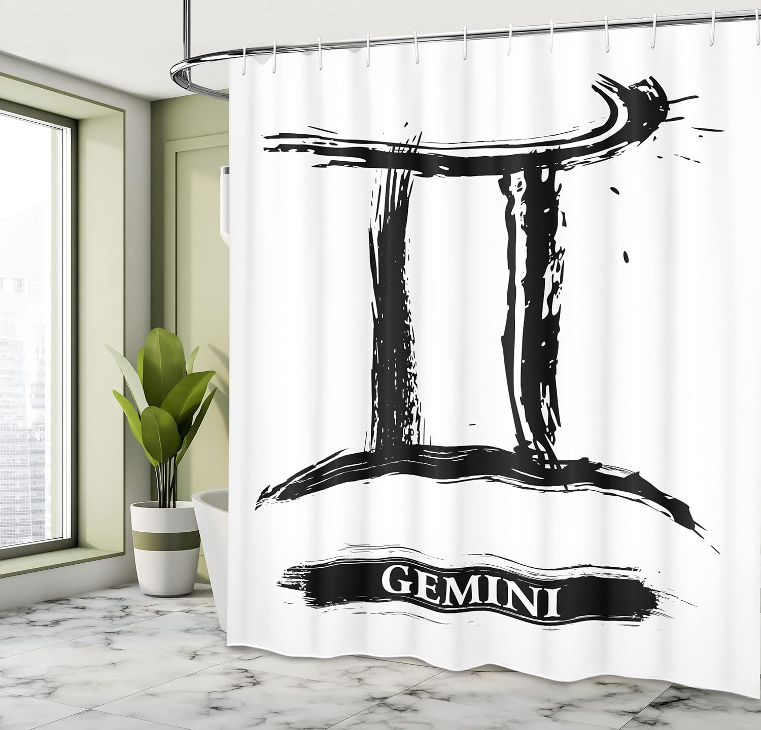 Ambesonne Zodiac Gemini Shower Curtain, Grunge and Brushstroke Design Horoscope Astrology, Cloth Fabric Bathroom Decor Set with Hooks, 69" W x 75" L, White and Black
