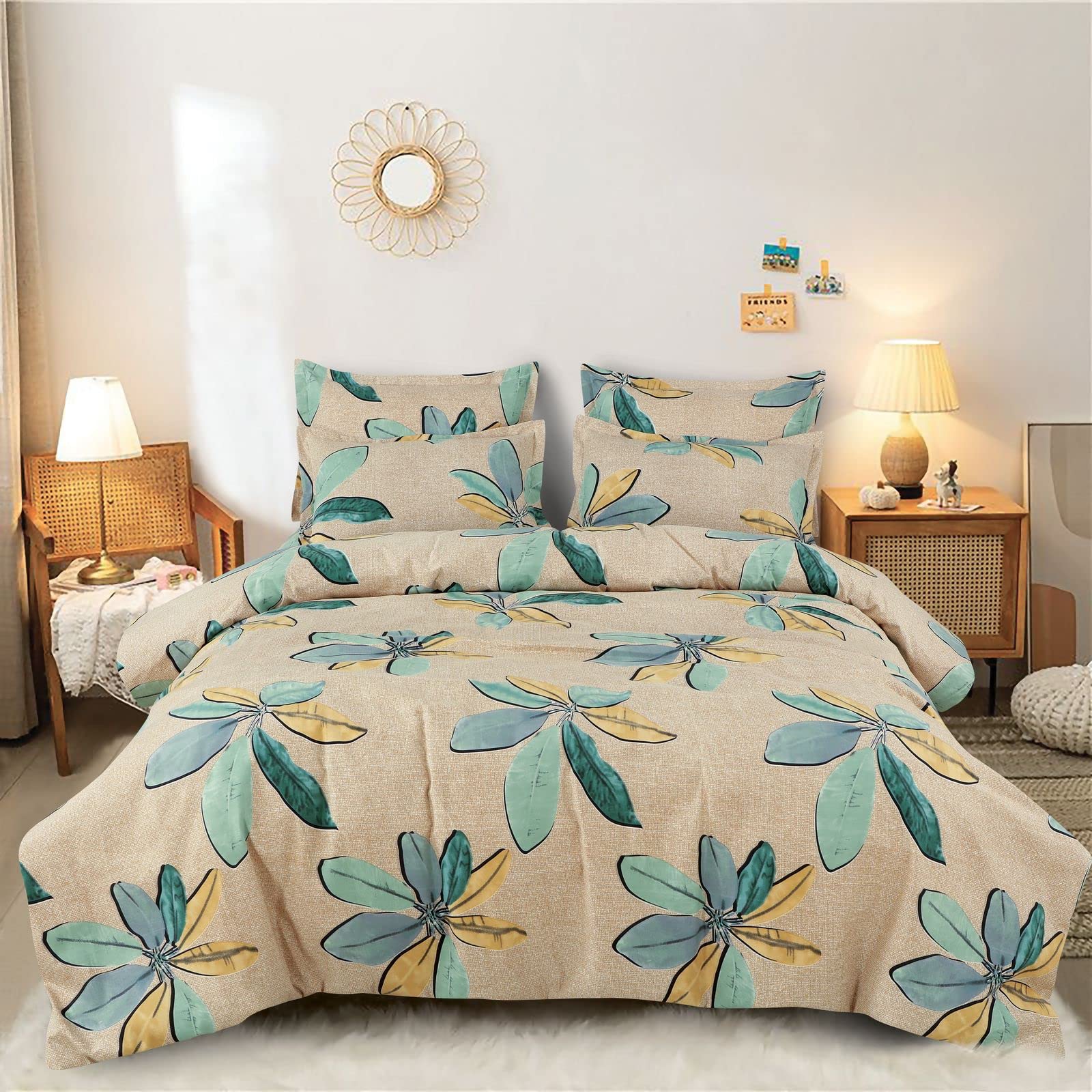 SHOPICTED® Printed Super Soft Light Weight 4 Pcs Bedding Set 1 Double Bedsheet 2 Pillow Covers Along with Comforter- Light Weight Comforetr/Ac Blanket/Quilt - King, 350 GSM | Green Big Flowers Pearls
