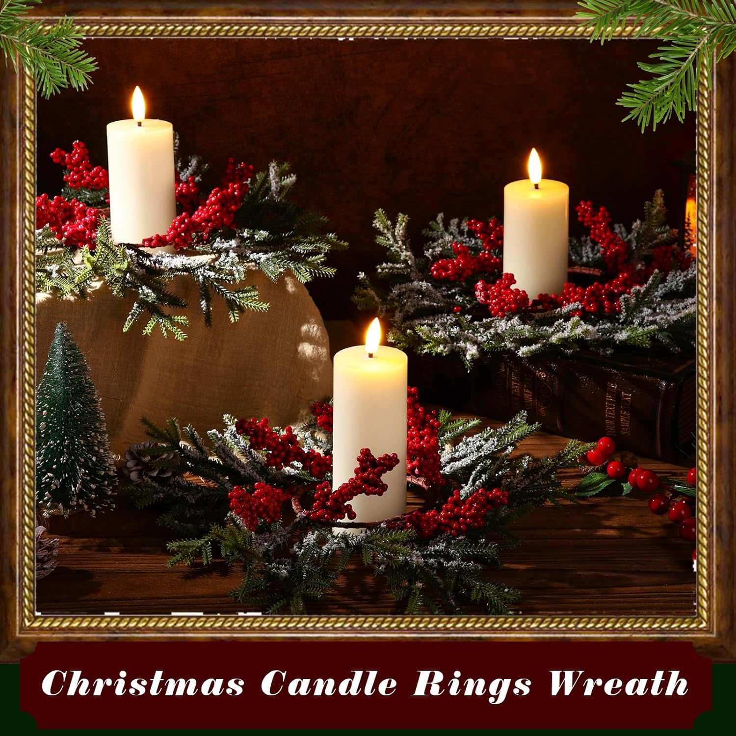 Cinnvoice 8 Pcs Christmas Candle Rings Wreath Artificial Garland with Red Berry Mini Christmas Candle Wreath for Table Centerpiece Home Kitchen Cabinet Windows Front Door Decor (Guest-Greeting Pine)