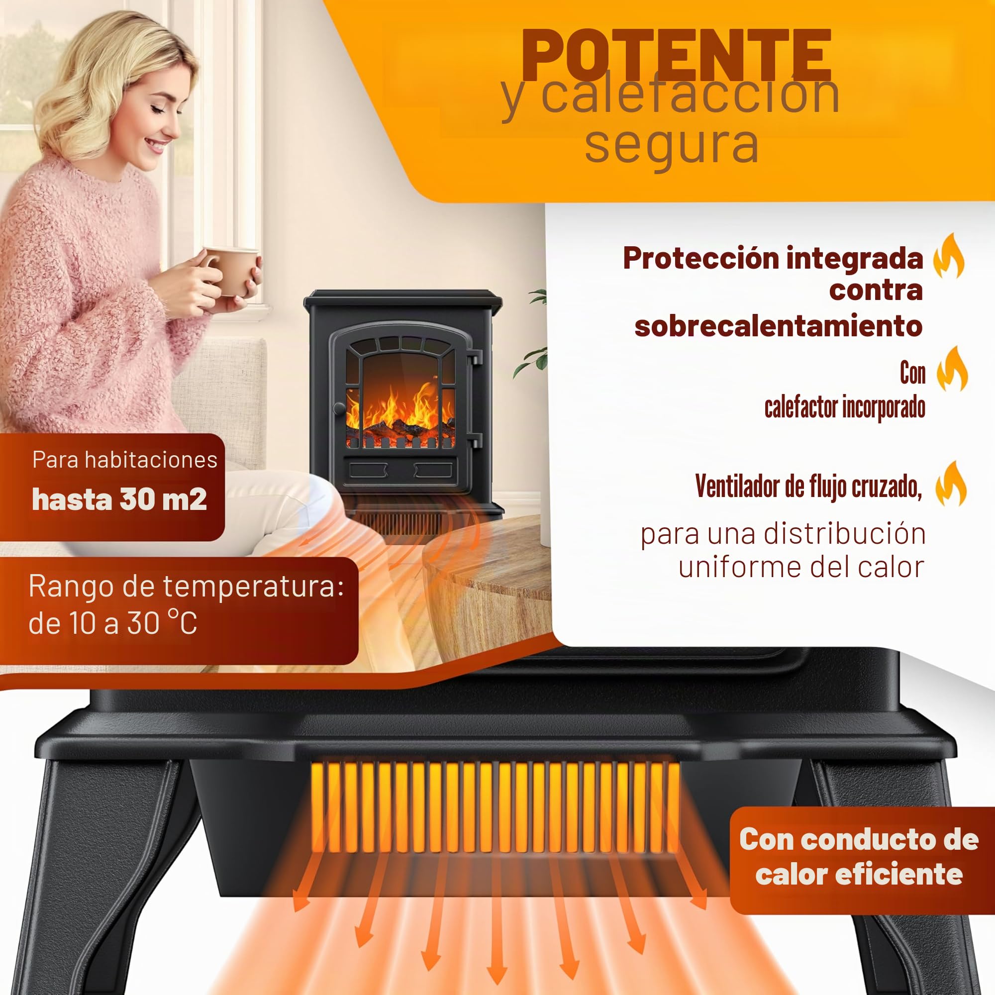 KESSER® Estufa eléctrica con Ventilador de 2000W Calentador eléctrico Estufa LED Efecto Llama, bajo Ruido, Ajustable, Negro
