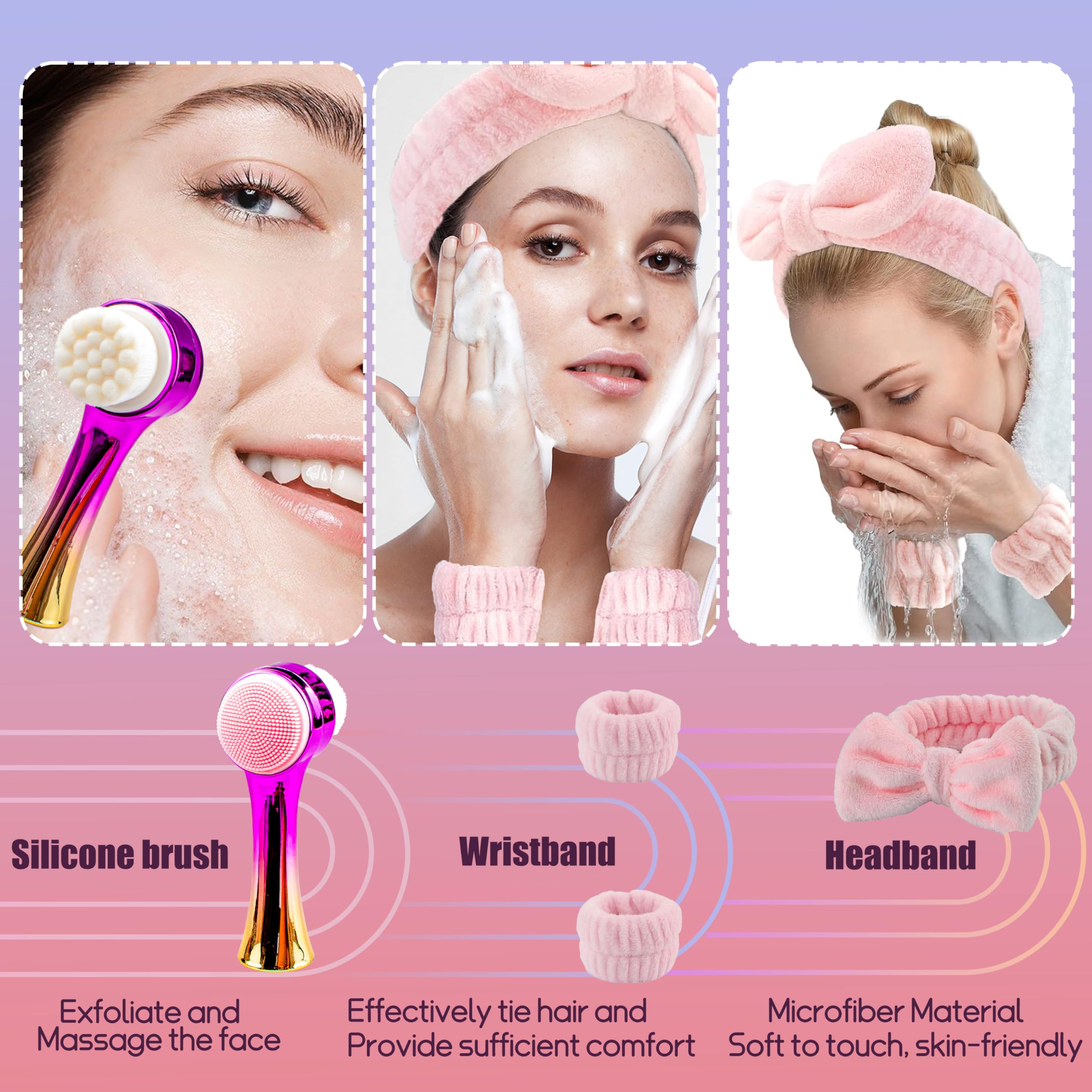 Gesichtsreinigungsbürste, 2-in-1, doppelseitige Gesichtsreinigungsbürste mit weichen Borsten für tiefes Porenpeeling, Wasch-Make-up, Massage, Gold und Rosa, 4 Stück
