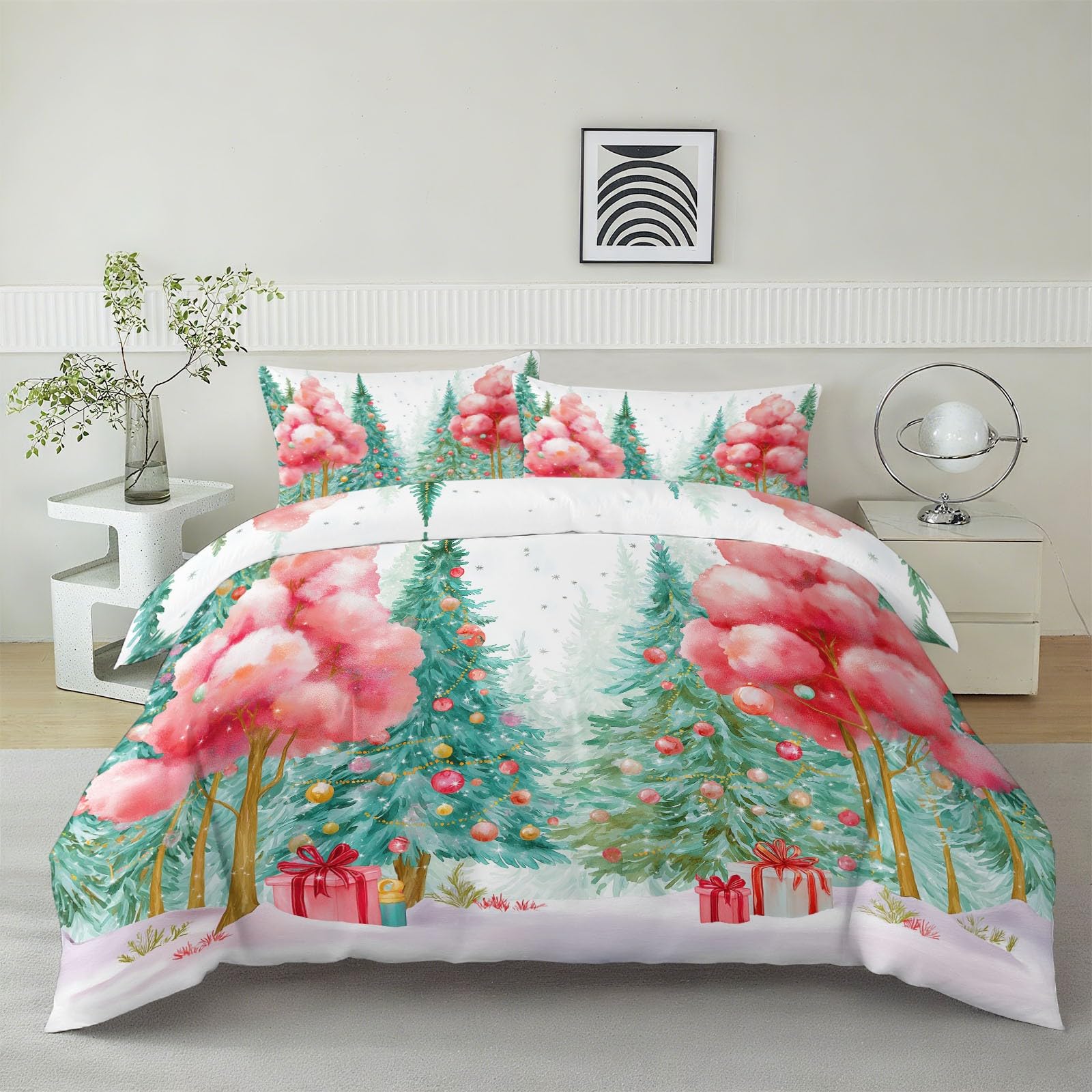 Générique Akwarelowy zestaw pościeli bożonarodzeniowej z zielonym lasem 240 x 260 cm, dwustronna poszwa na kołdrę dla dzieci i nastolatków - 3-częściowy zestaw pościeli z mikrofibry z 2 poszewkami na
