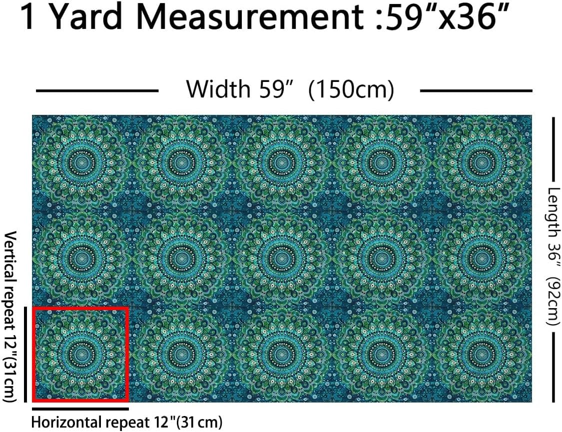 Erosebridal Peacock Feather Fabric by The Yard Geometric Waterproof Outdoor Fabric Gorgeous Lotus Hippie Spots Mandala Upholstery Fabric Green Teal Blue Petal Print Decor Fabrics, 2 Yards