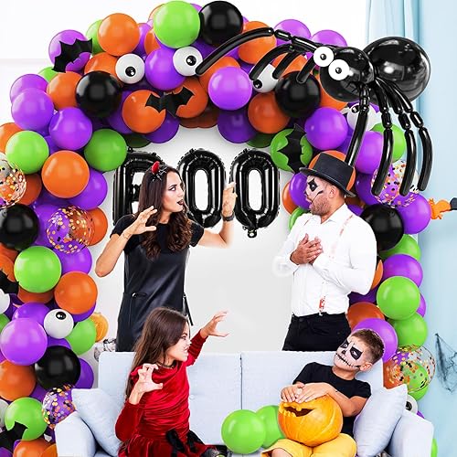 Miniatura 5 de Juego de guirnalda de globos de Halloween de 114 piezas para fiestas, globos de 5, 10, 12 y 18 pulgadas para decoraciones de Halloween al aire