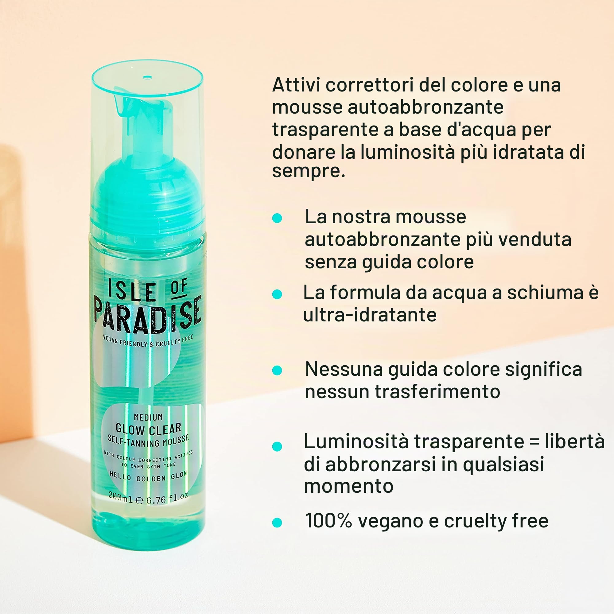 Isle of Paradise Mousse autoabbronzante, media (200 ml) Glow Clear, schiuma autoabbronzante, ingredienti naturali e vegana (la confezione può variare)