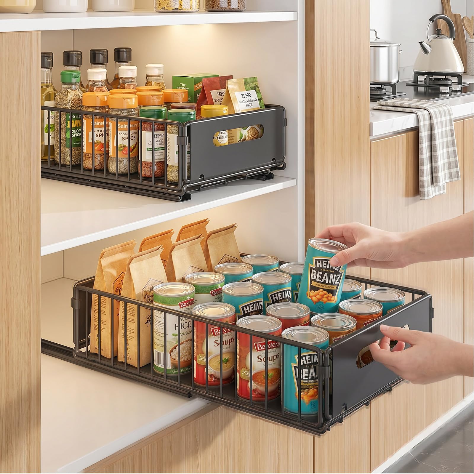 2Pack Pull Out Cabinet Organiser - Adhesive Slide Out Drawer Organiser No-Drill Extendable Pull Out Drawers Shelf Storage with Handle for Bathroom Cupboard Kitchen Cabinet (Black)