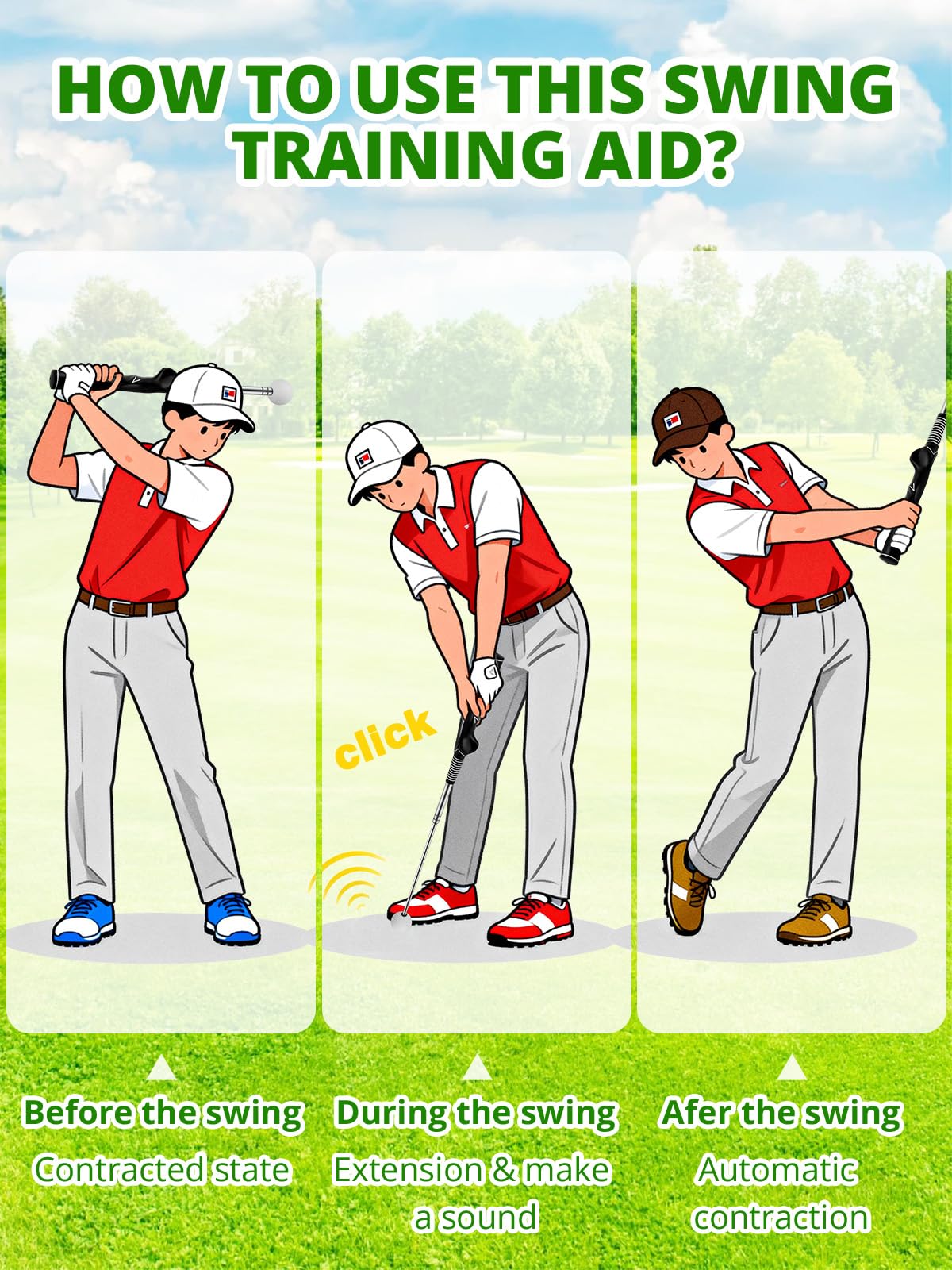 Retractable Golf Swing Trainer with Arm Band - Click Stick Golf Training Aid, Right-Handed Golf Swing Practice Stick for Chipping & Hitting, Portable Indoor Outdoor Golf Practice Stick - 3