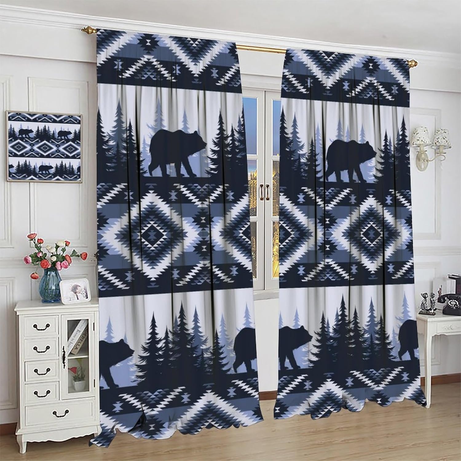 Aztec Bear Blackout Curtains, Blue Bohemian Native Tribal Pattern Woodland Pine Tree Window Treatment for Bedroom Living Room Home Decor, 42" W X 45" L