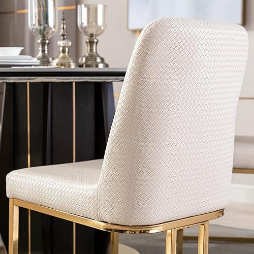 Miniatura 6 de Juego de 2 sillas de comedor modernas sillas de cocina laterales tapizadas de piel sintética tejida sin brazos con patas doradas sillas de comedor