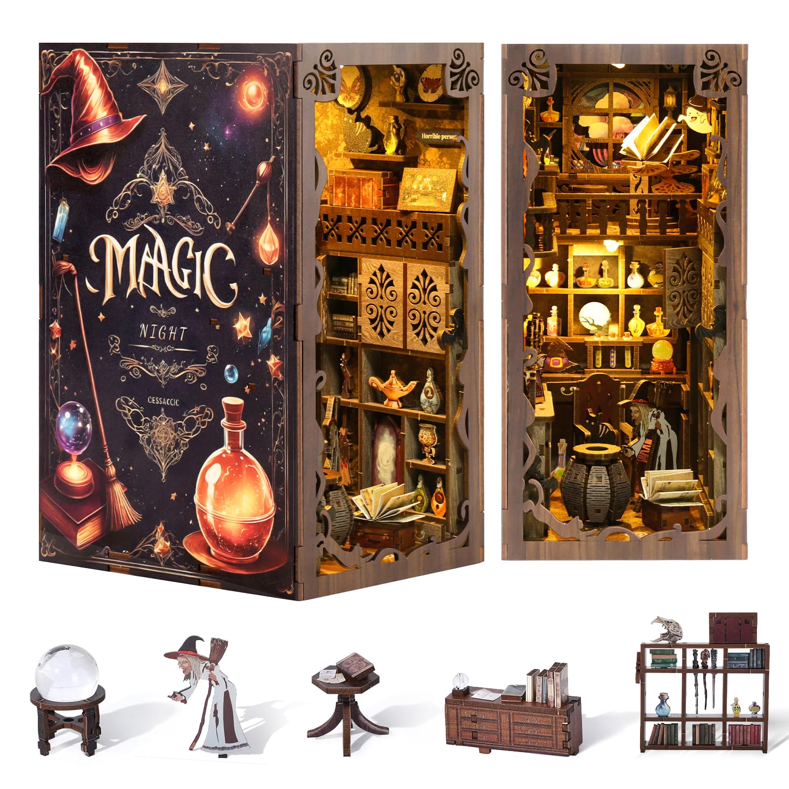 DIY Book Nooks Kit, DIY Miniature Dollhouse Booknook Kit, DIY Magic Night Bookshelf Decor with LED Light, 3D Wooden Puzzle Bookend Bookshelf Creative Home Decoration for Teens Adults Age 14+