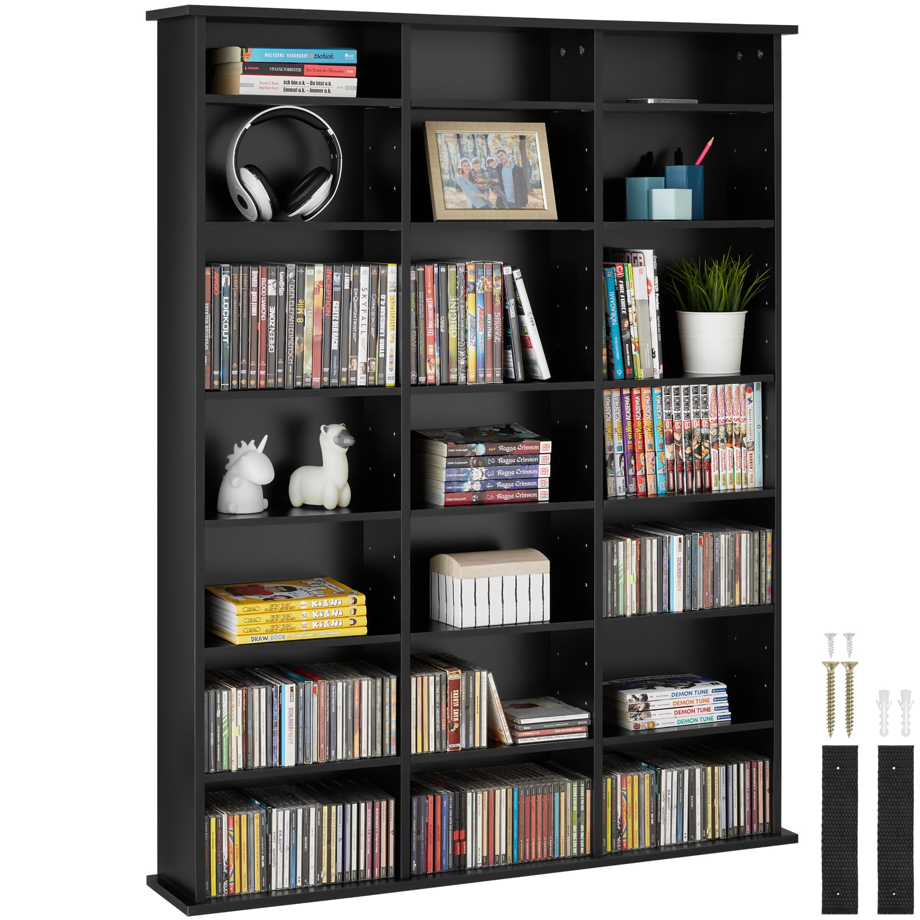 tectake® Estantería Pared con Efecto Madera, 21 Compartimentos, Estantes Ajustables en Altura y Extraíbles, Estantería Libros y Cds, Elegante Mueble Almacenaje, Superficie Resistente - Negro